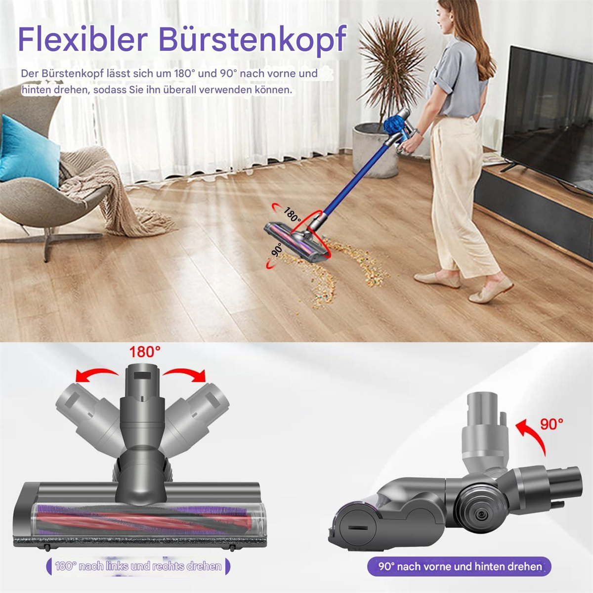 Eine Frau, die einen blau-silbernen Staubsauger benutzt, mit Diagrammen des Bürstenkopfes.
