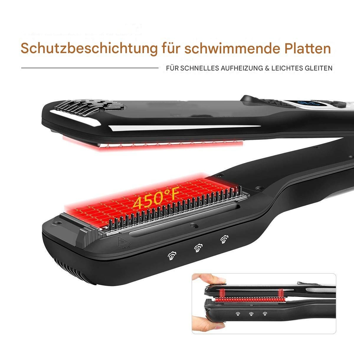 Ein schwarzer Haarglätter mit roten Heizplatten und ein Nahaufnahmenbild.