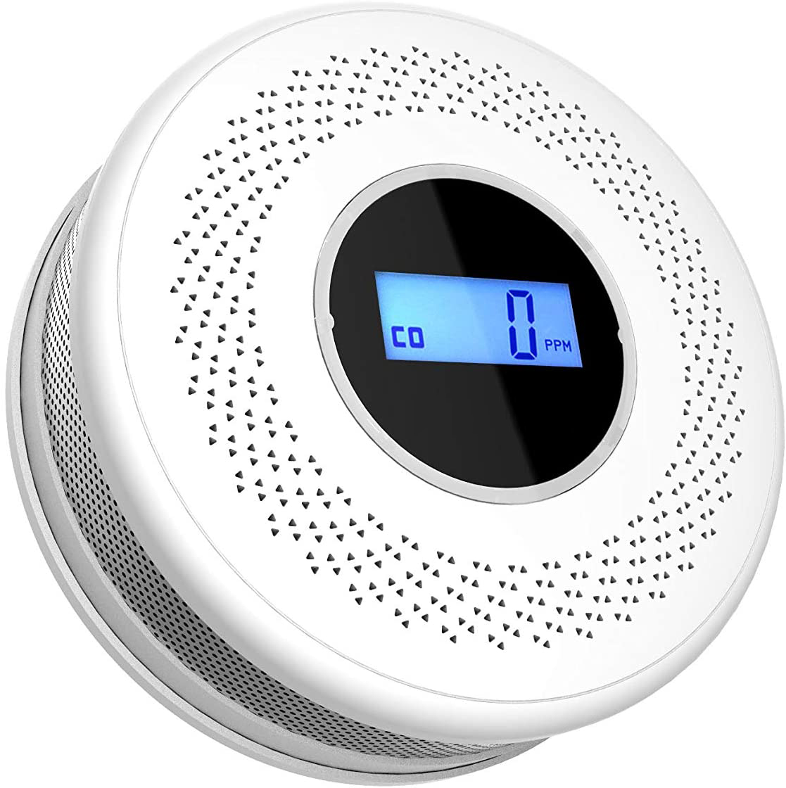 Weißer, runder CO-Detektor mit Digitalanzeige, die 0 PPM anzeigt. Er hat Belüftungslöcher.