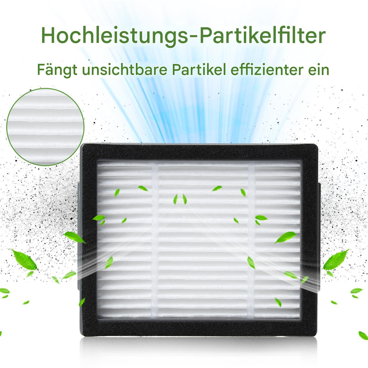 Filter mit Text: Hochleistungs-Partikelfilter. Grüne Blätter. Blauer Luftstrom.
