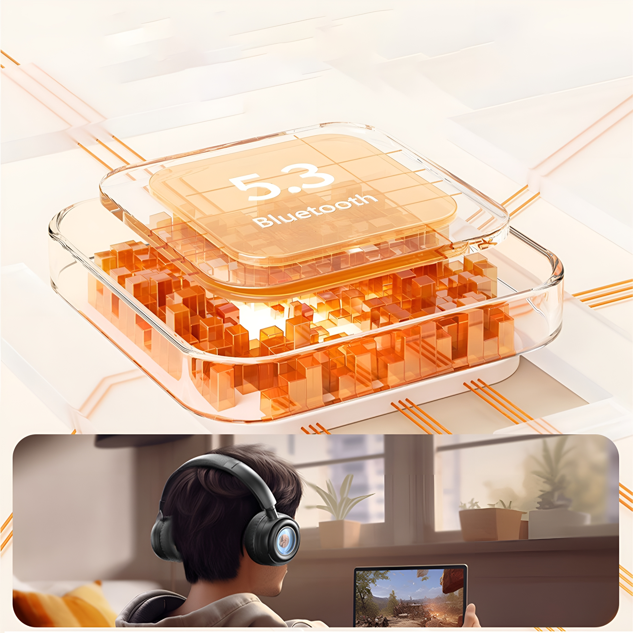 Transparente Box mit dem Bluetooth 5.3 Logo und einem Mann, der beim Spielen Kopfhörer trägt.