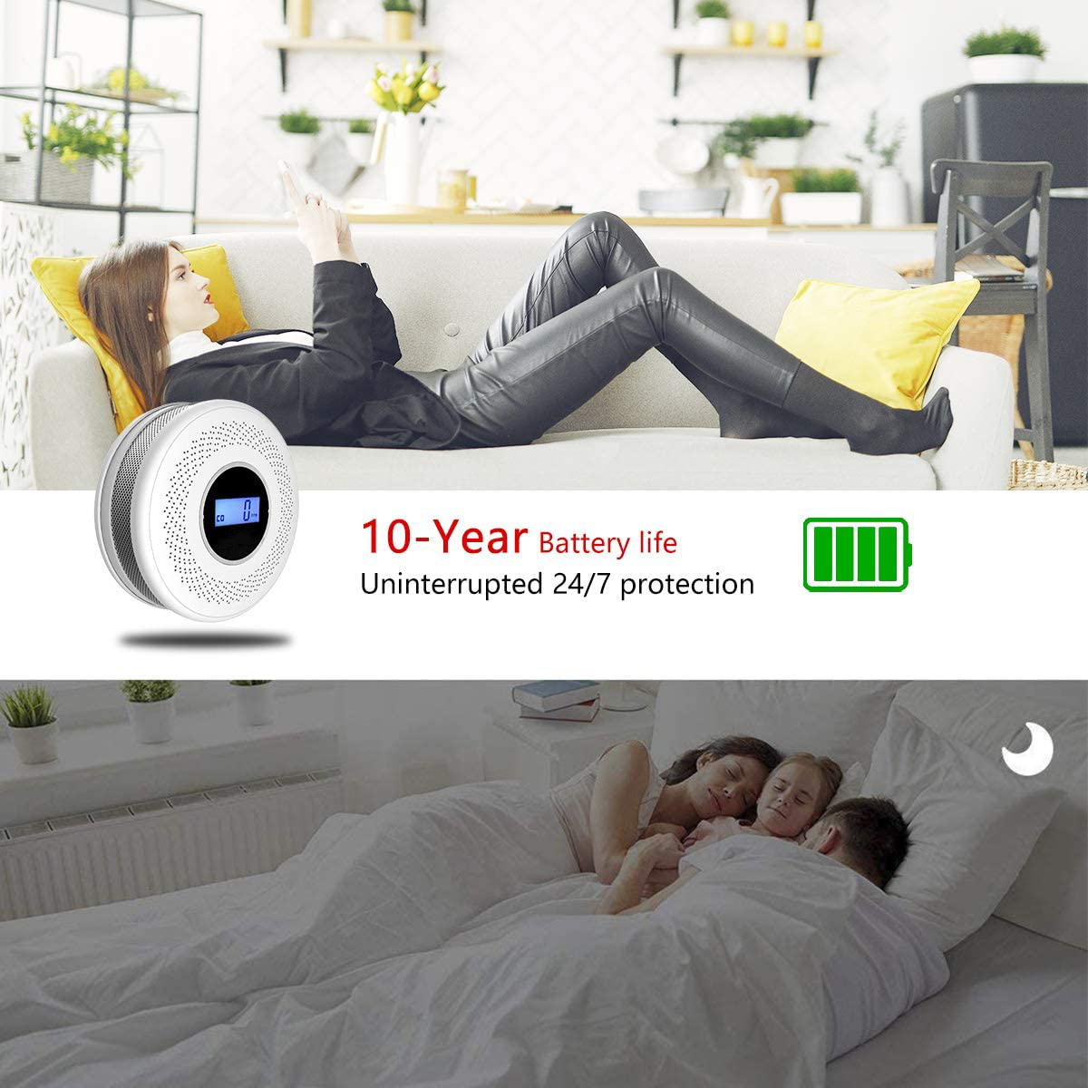 Frau auf Sofa mit Rauchmelder und schlafende Familie im Bett.