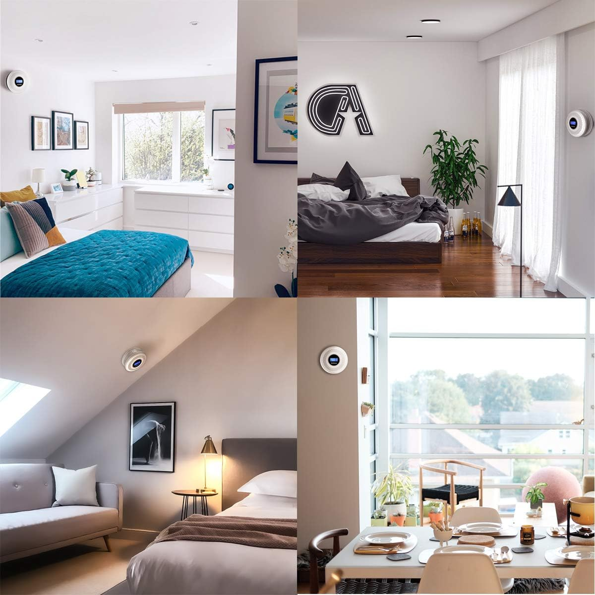 Collage von Räumen mit installierten Smart-Home-Geräten. Zeigt verschiedene Inneneinstellungen.