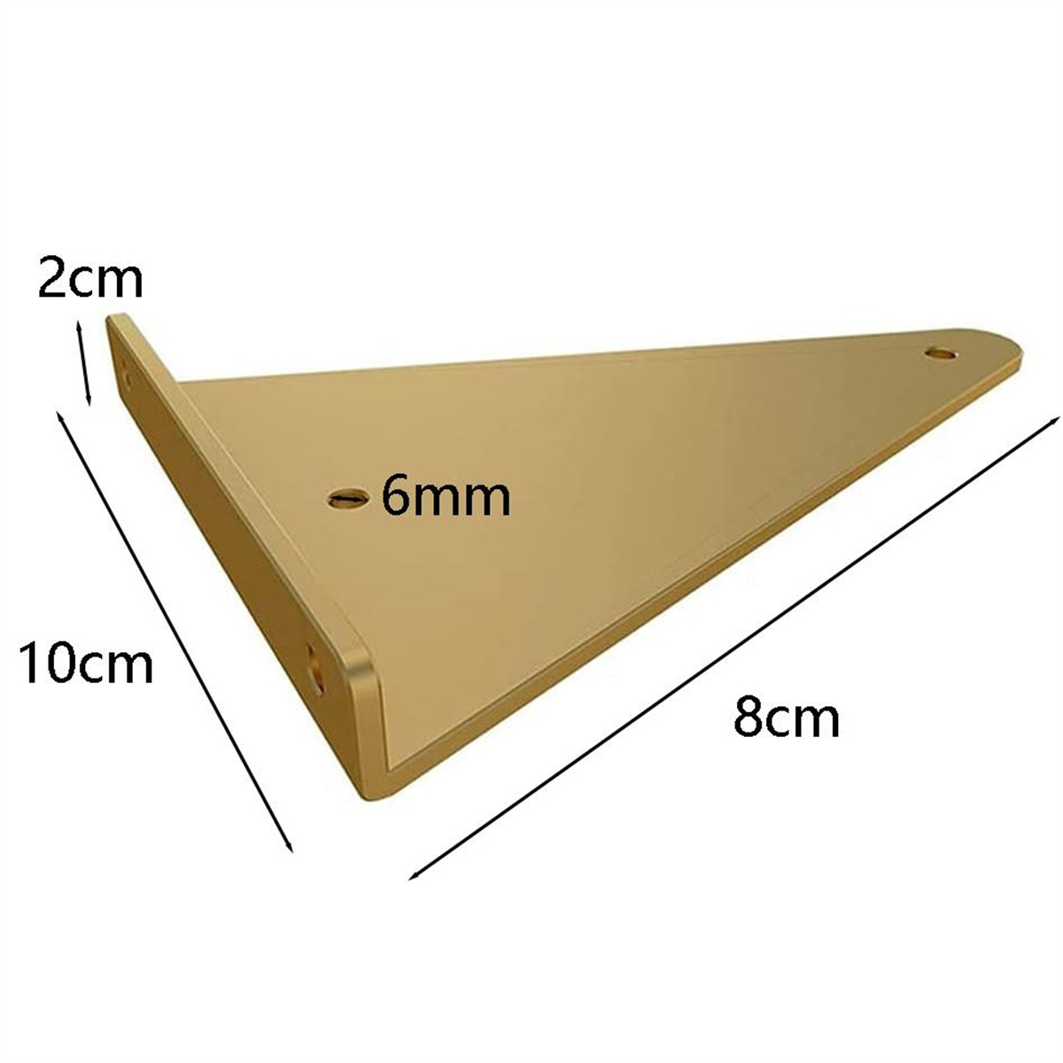 Ein goldener Regalhalter mit den angegebenen Maßen: 10 cm, 8 cm und 2 cm. Ein 6 mm Loch ist sichtbar.