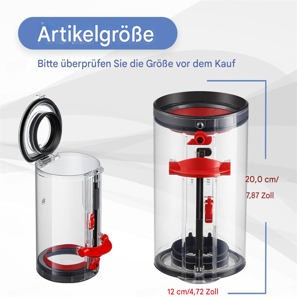Staubbehälter eines Staubsaugers. Zwei transparente Kunststoffbehälter mit schwarzen und roten Details.