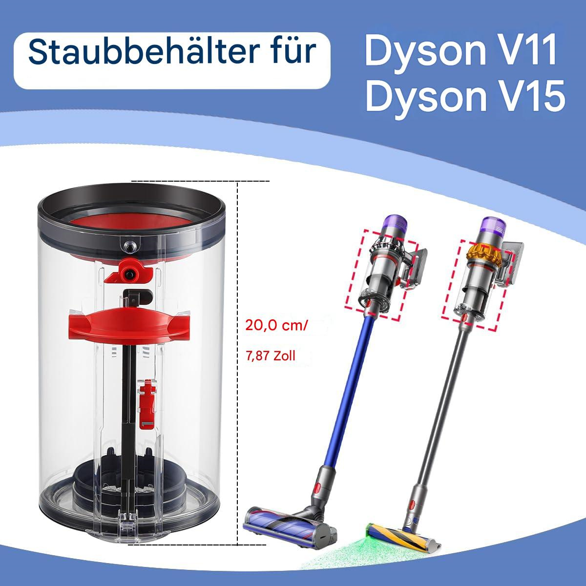 Transparenter Staubsauger-Staubbehälter mit Maßen und zwei Staubsaugern, gekennzeichnet als Dyson V11 und V15.