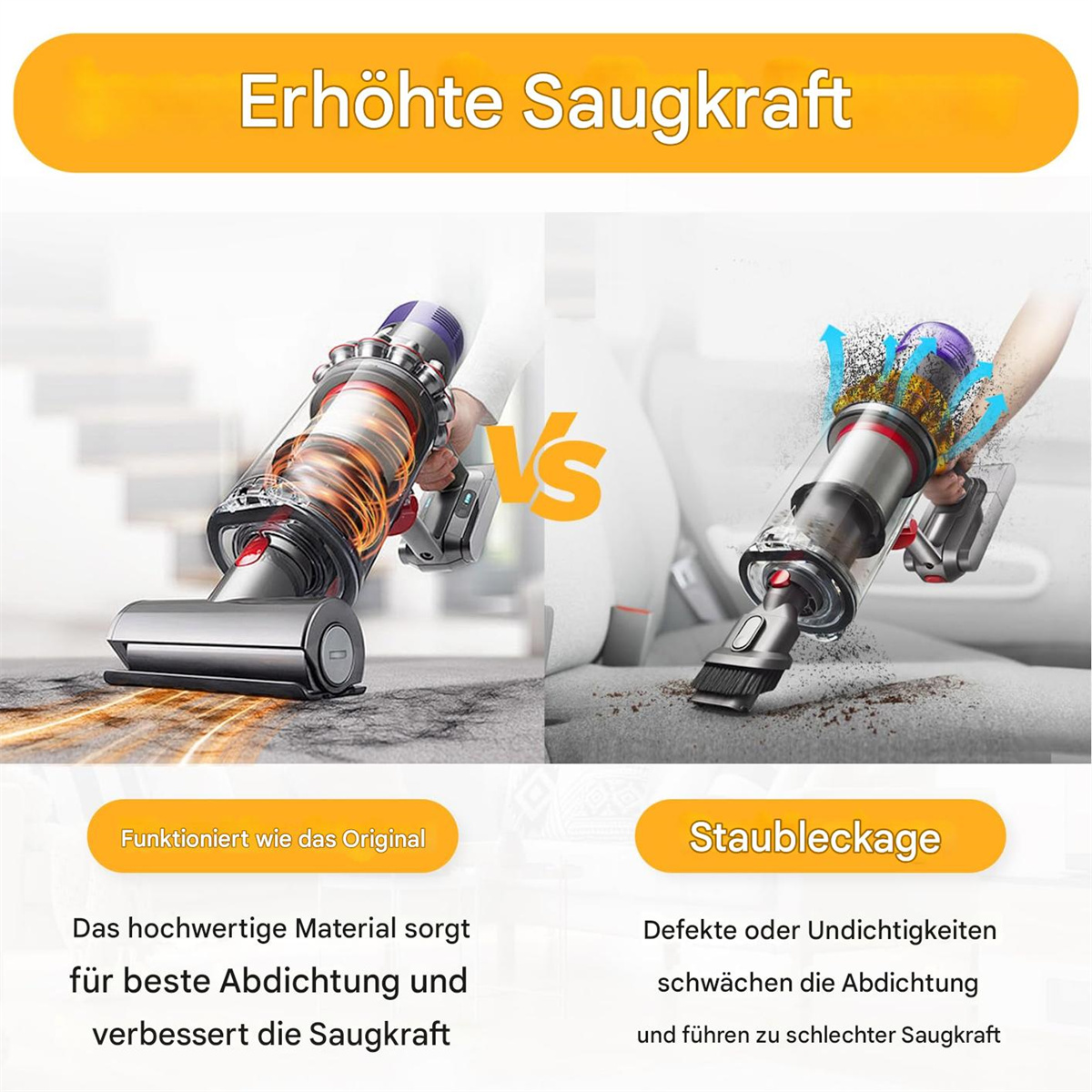 Staubsauger-Vergleich: Einer mit guter Abdichtung, der andere mit Staubleckage.