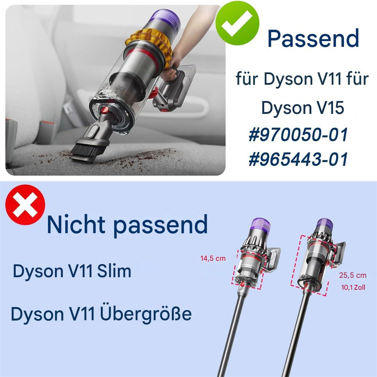 Ein Dyson Staubsauger mit Aufsatz und Grafiken.