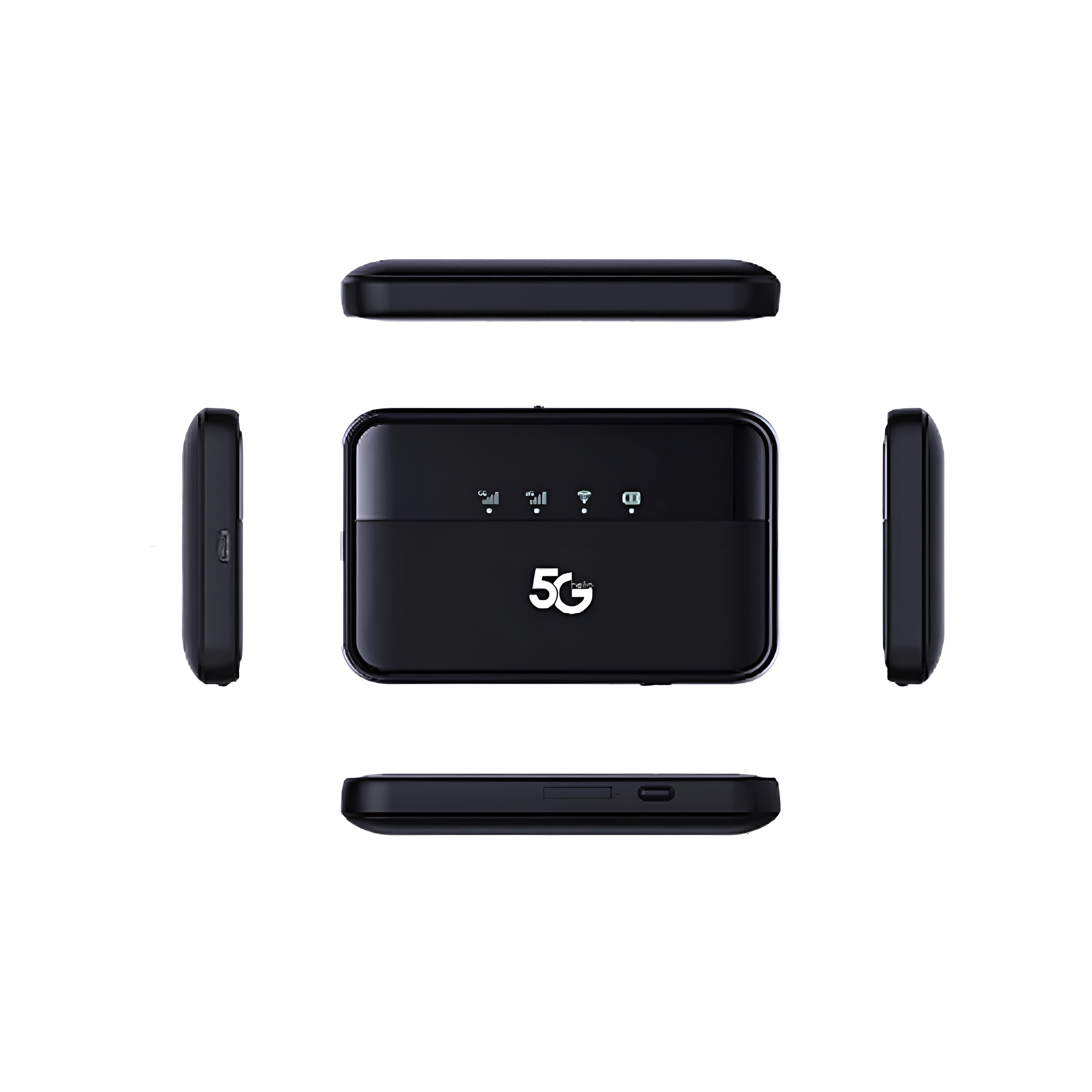 Schwarzer 5G-Mobilrouter mit verschiedenen Ansichten. Er hat 5G- und Signal-Symbole.