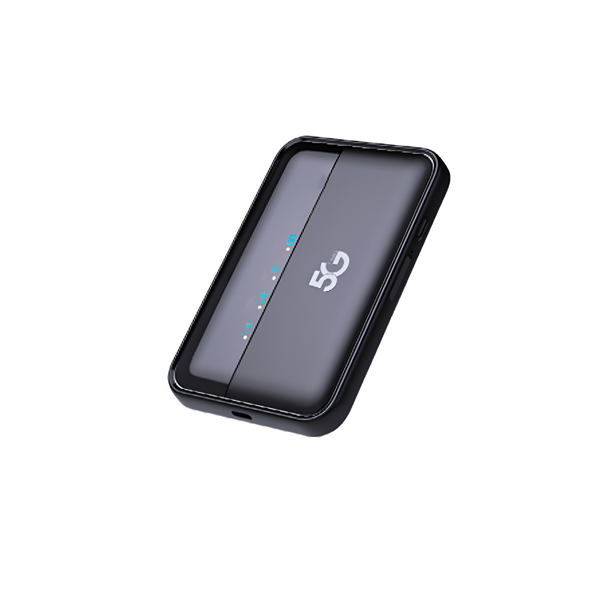 Ein schwarzer 5G-Mobilrouter mit einem Bildschirm, der Signalbalken und das 5G-Logo anzeigt.