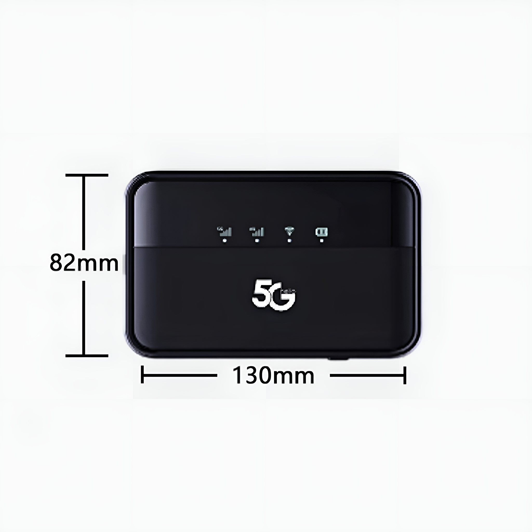 Ein schwarzer 5G-Router mit den Abmessungen 82 mm x 130 mm.