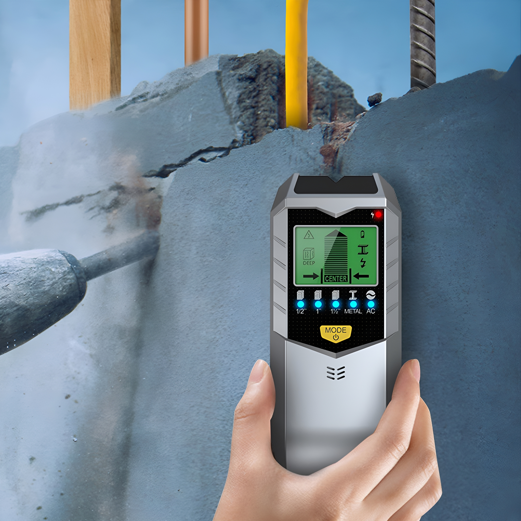 Person hält einen Wandsensor. Der Scanner zeigt Tiefe, Mitte, Metall und AC-Erkennung.