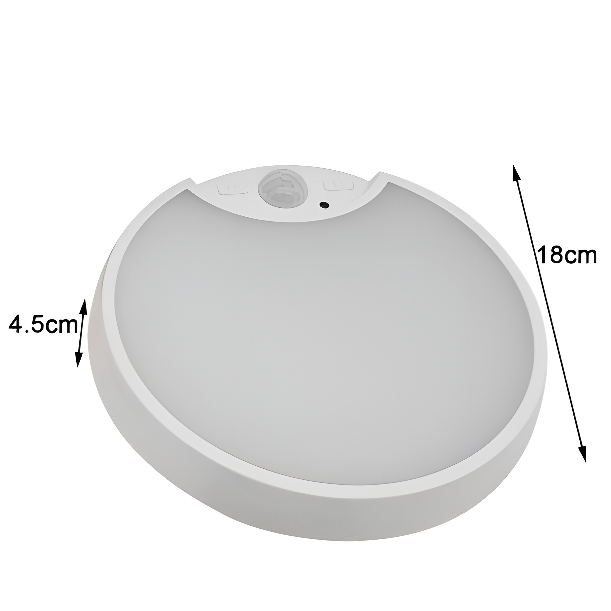Ein weißes, rundes Bewegungssensorlicht. Die Abmessungen sind mit 4,5 cm und 18 cm angegeben.