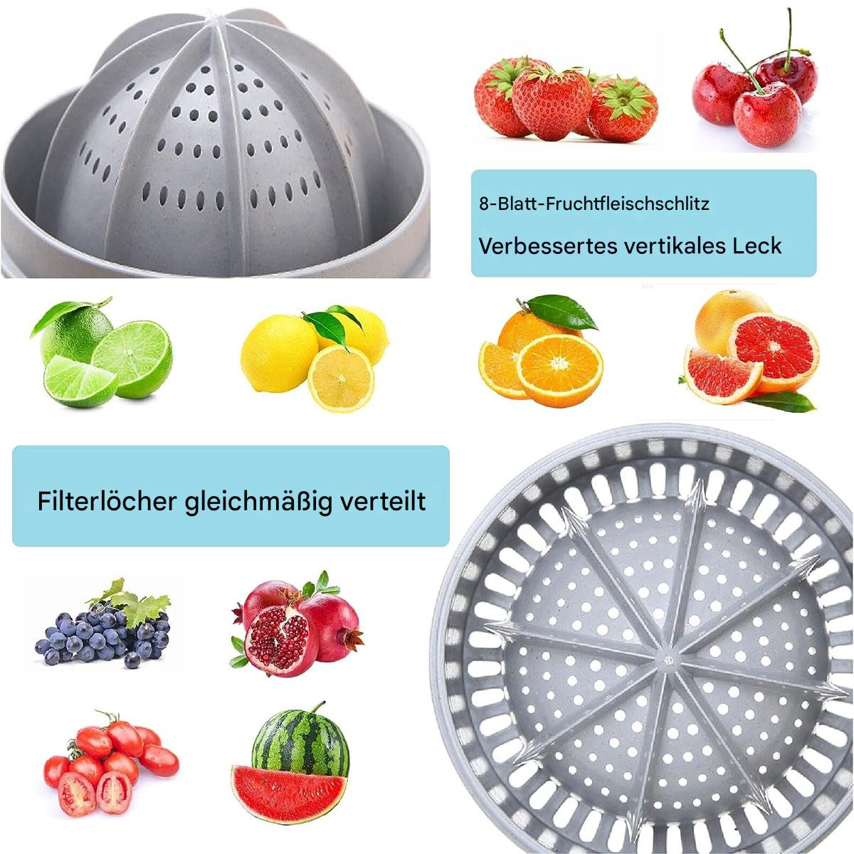 Eine graue Saftpresse und ein Tablett mit Früchten: Erdbeeren, Kirschen, Limetten, Zitronen, Orangen, Grapefruit, Trauben, Granatapfel.