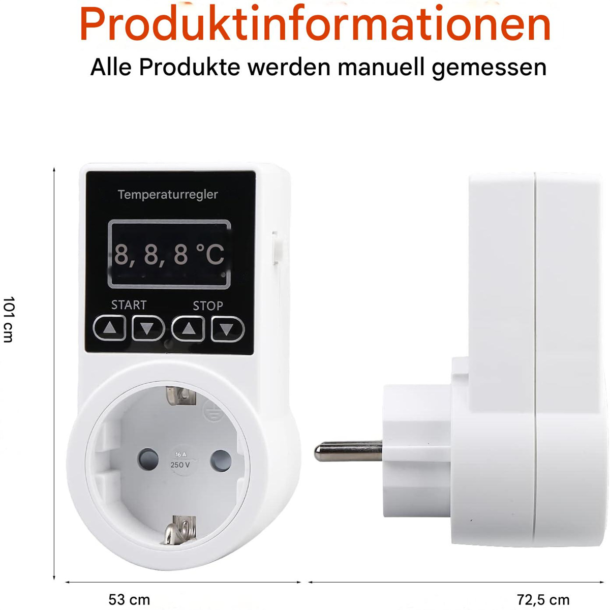 Ein weißes elektronisches Gerät mit Temperaturanzeige, das an eine europäische Steckdose angeschlossen ist.