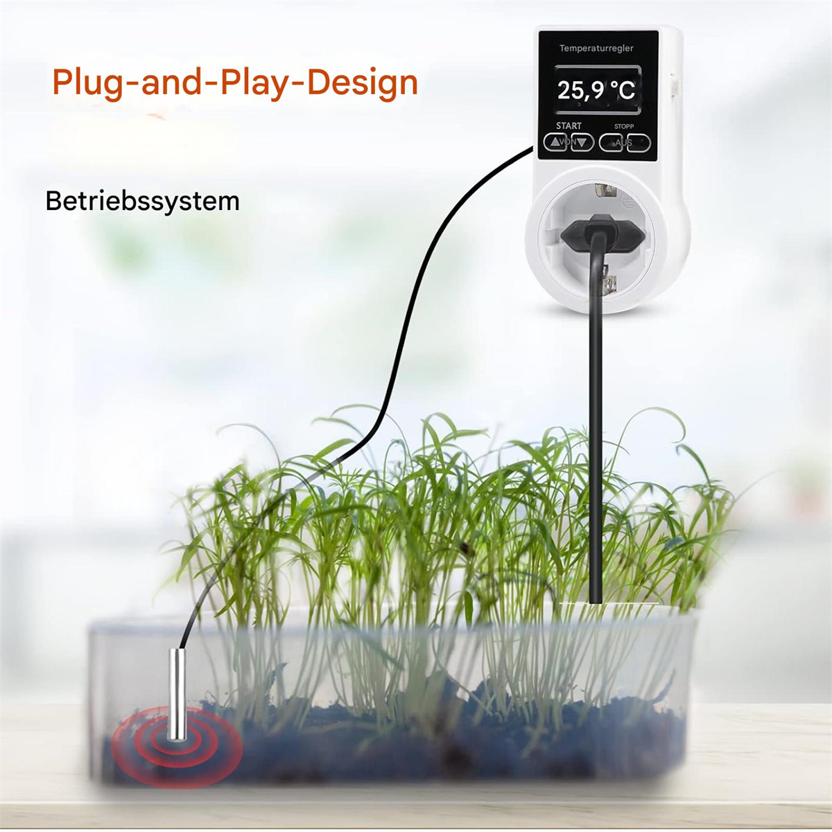 Ein Gerät, das an eine Steckdose angeschlossen ist, ist mit einer Pflanze mit Temperatursensor verbunden. Text: Plug-and-Play-Design.