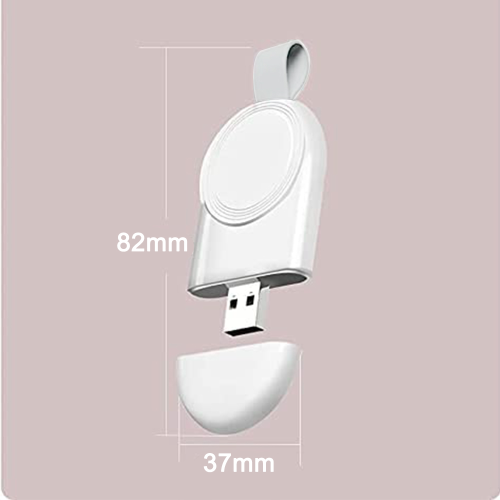 Eine weiße Ladestation mit einem USB-Anschluss. Abmessungen: 82 mm x 37 mm.