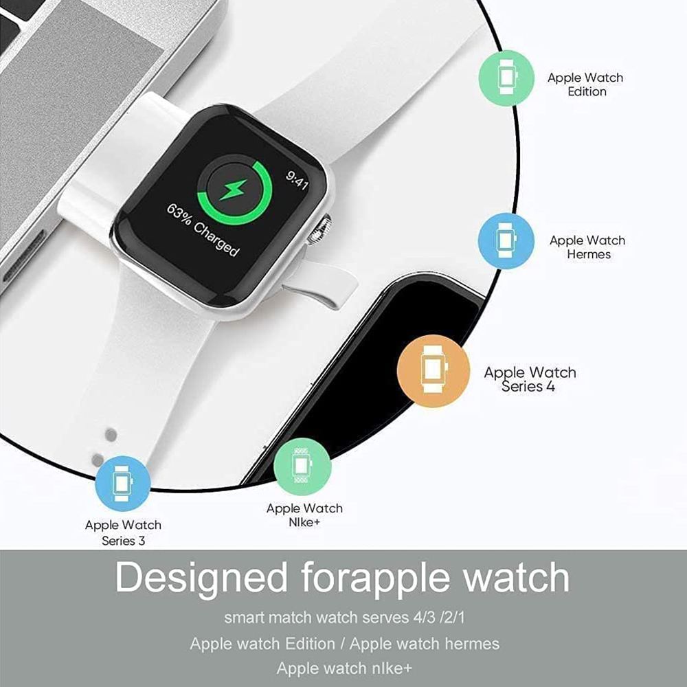Apple Watch lädt an einem weißen Armband. Verschiedene Modelle sind abgebildet, darunter Hermes- und Nike+-Versionen.