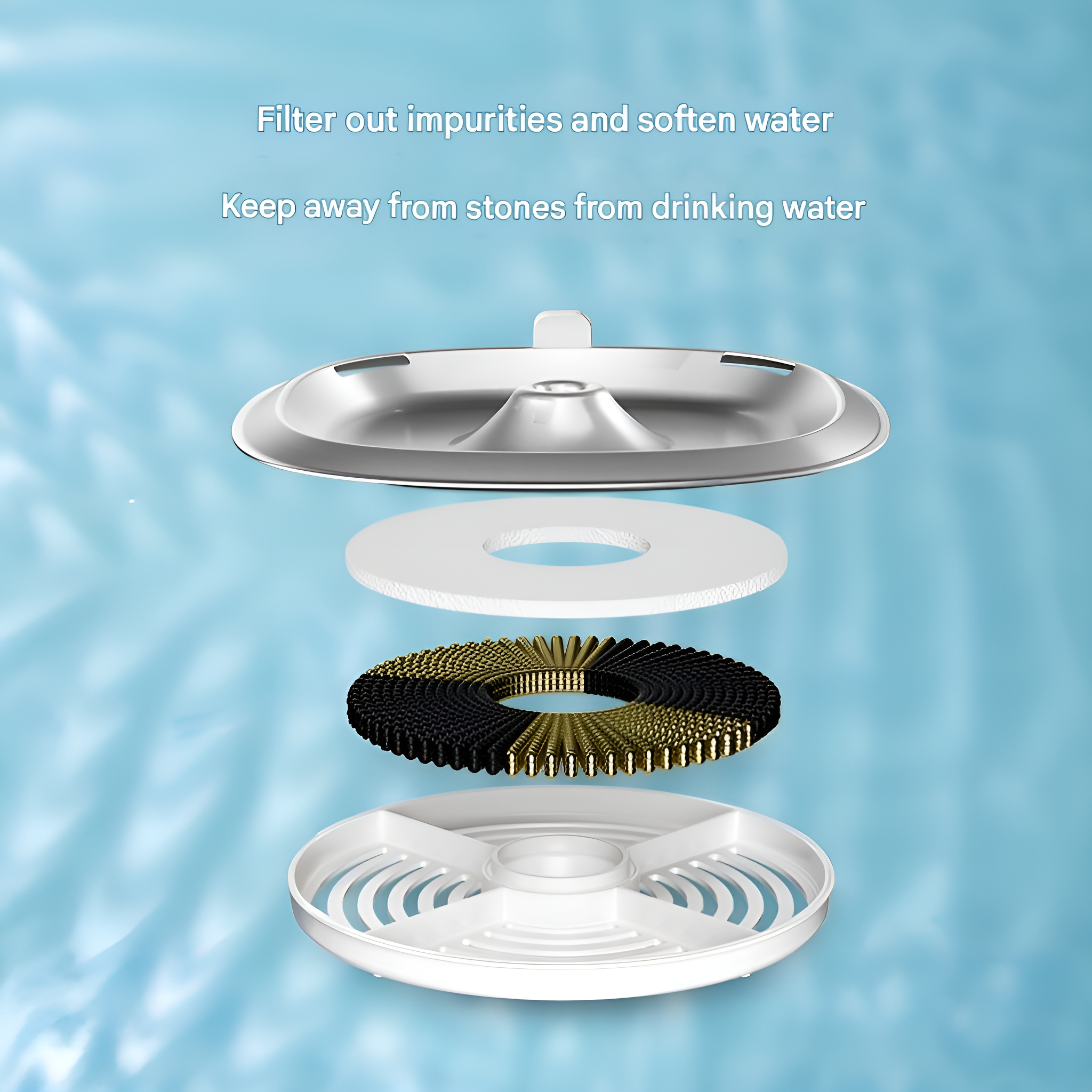 Explosionszeichnung eines Wasserfilters, zeigt Schichten von Filterteilen, blauer Hintergrund.