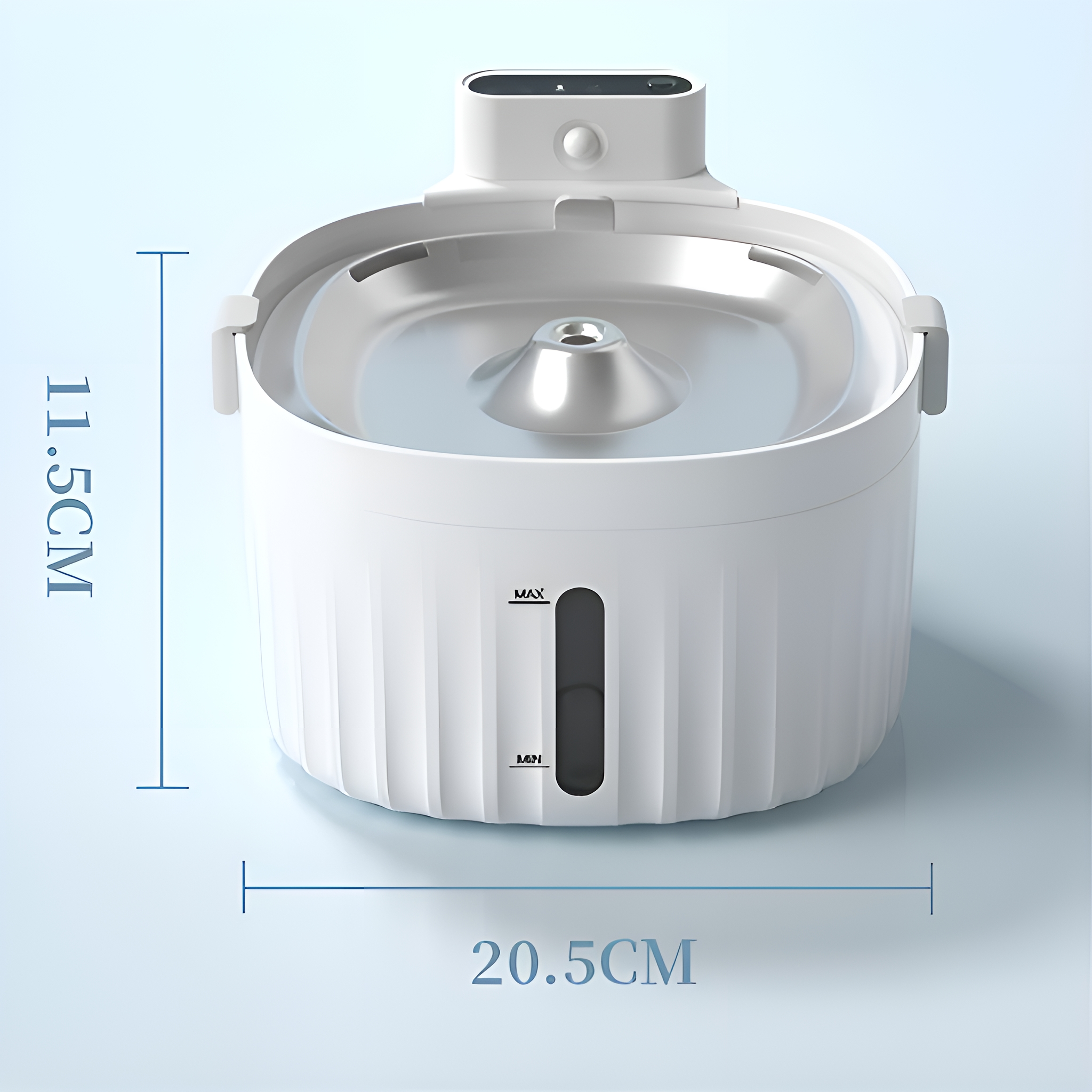 Weißer Haustier-Trinkbrunnen mit Maßen: 11,5 cm Höhe und 20,5 cm Breite.