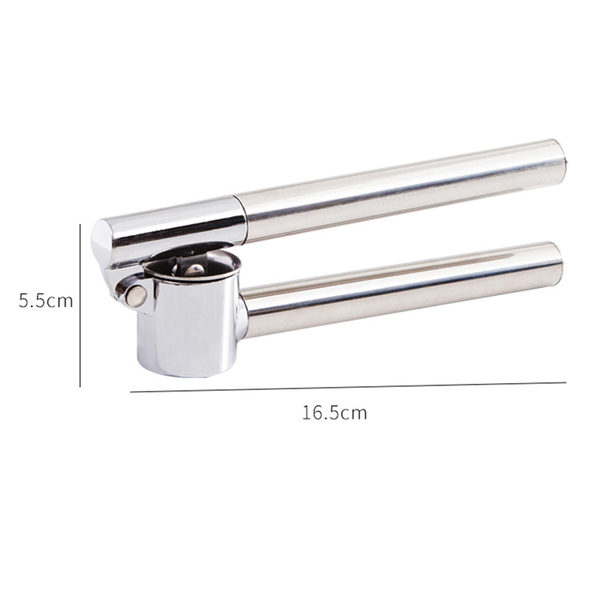 Eine silberne Knoblauchpresse mit den Maßen 5,5 cm und 16,5 cm deutlich dargestellt.