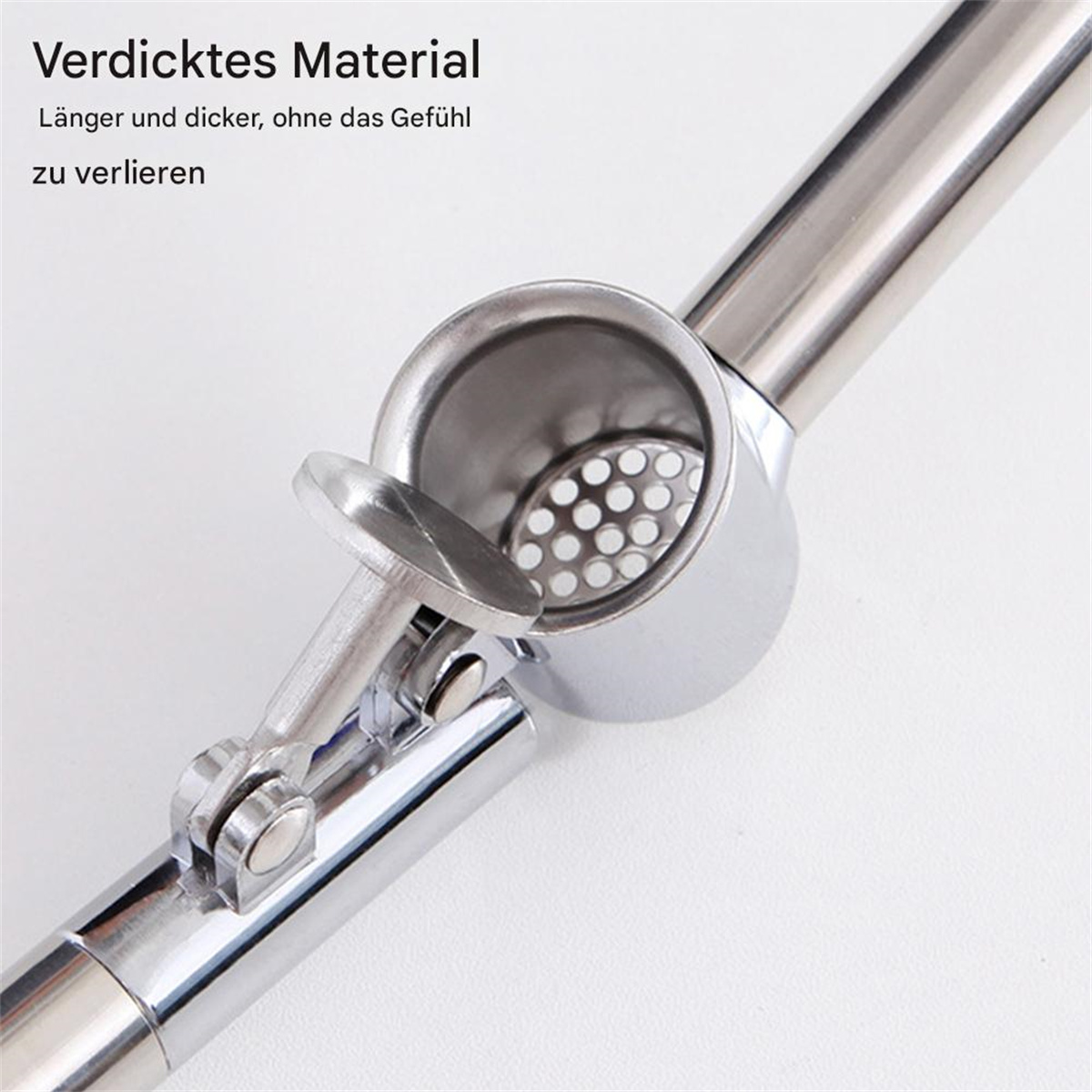Knoblauchpresse aus Edelstahl, offen. Text sagt dickeres Material.