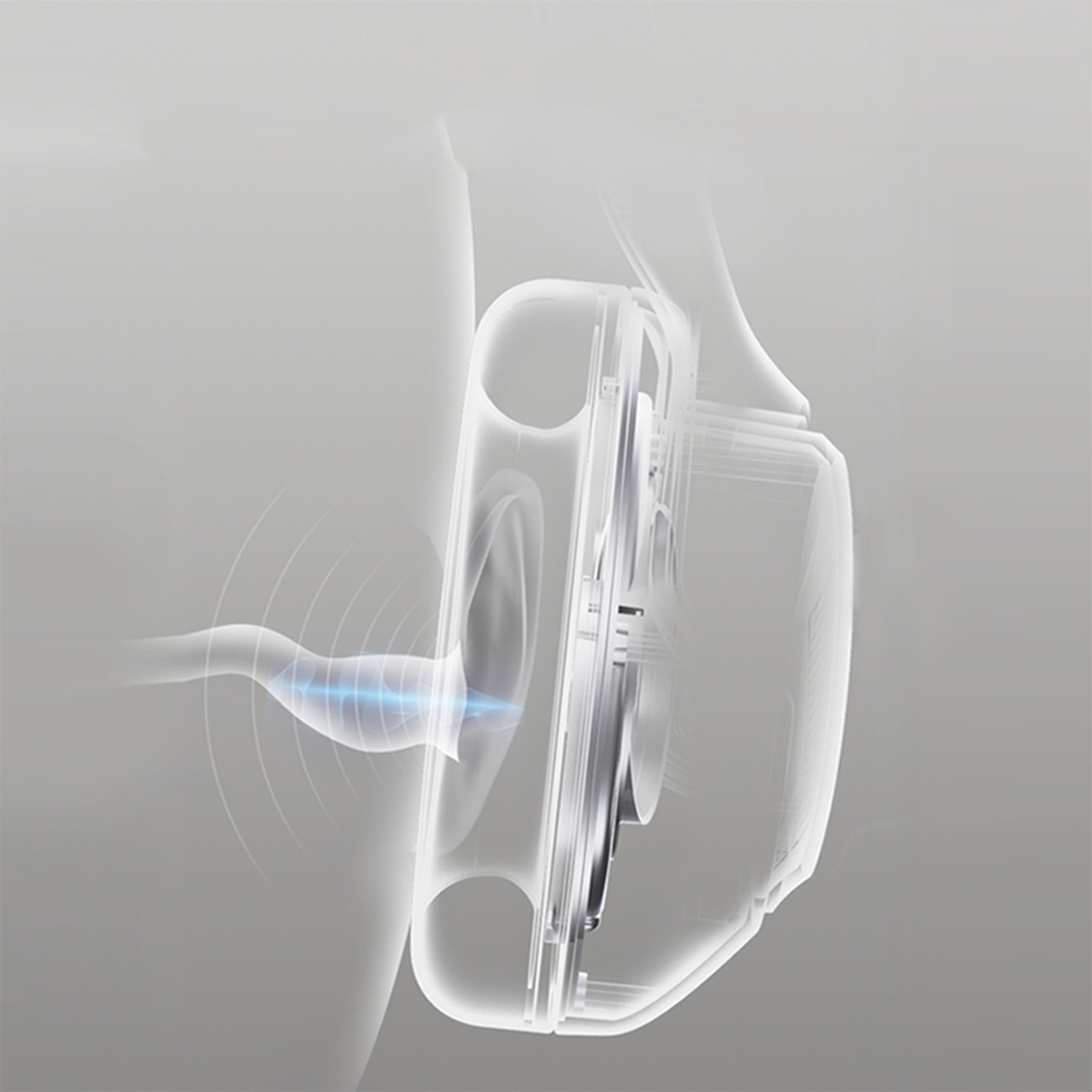 Ein transparentes Gerät sendet Schallwellen aus. Das Bild ist eine technische Illustration.