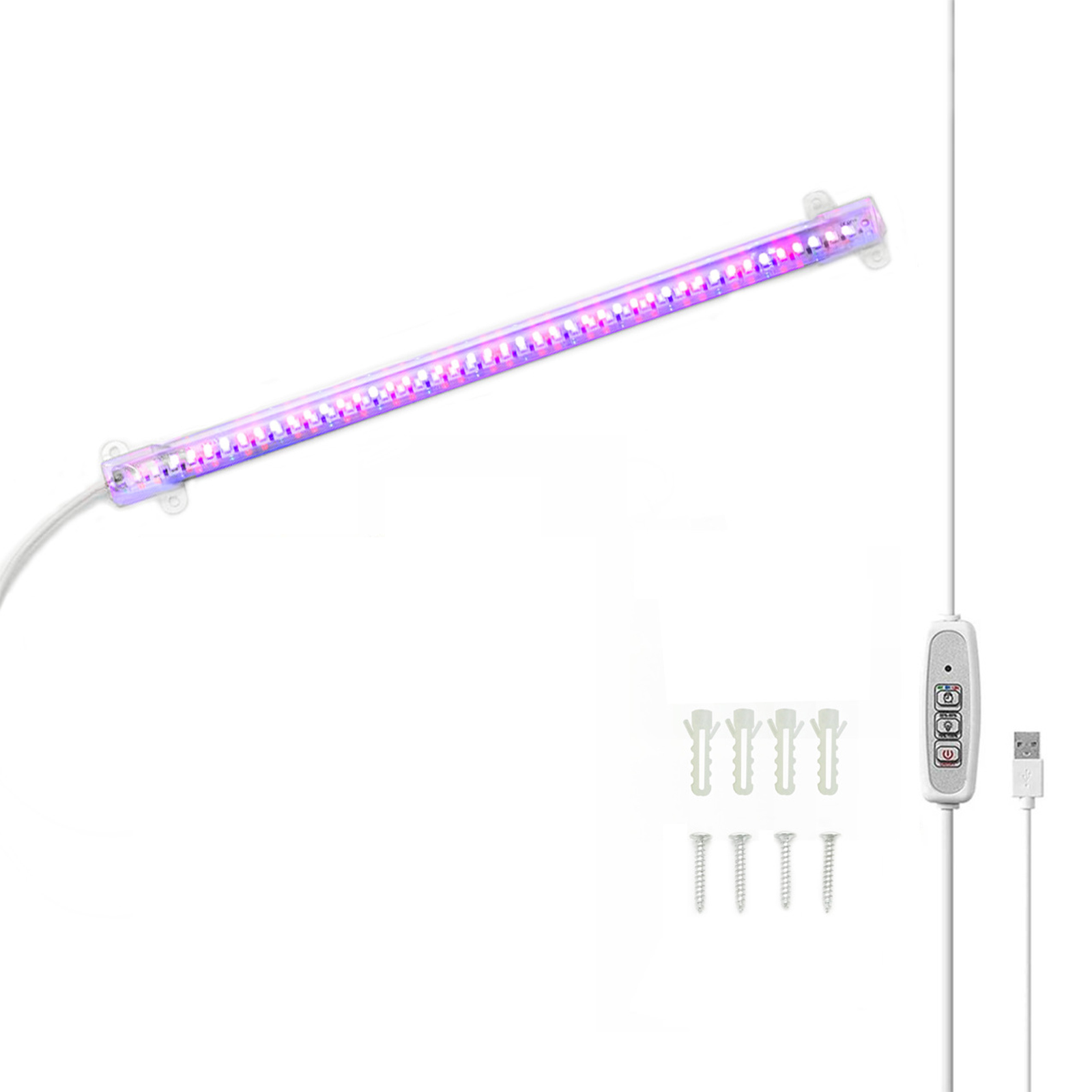 LED-Wachstumslichtleiste, weißes Kabel, Steuermodul und Befestigungsmaterial auf weißem Hintergrund.