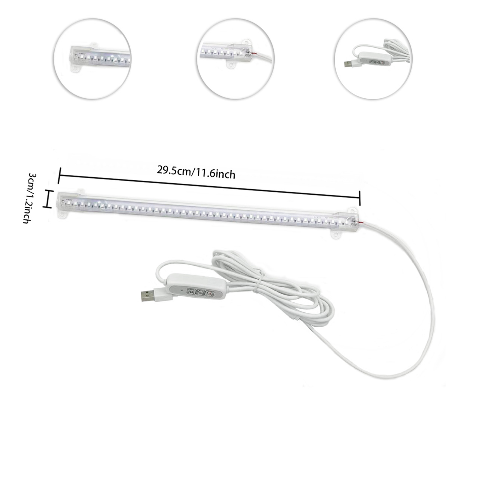 Weißer LED-Streifen mit USB-Anschluss. Er hat einen Controller mit Strom- und Helligkeitstasten.