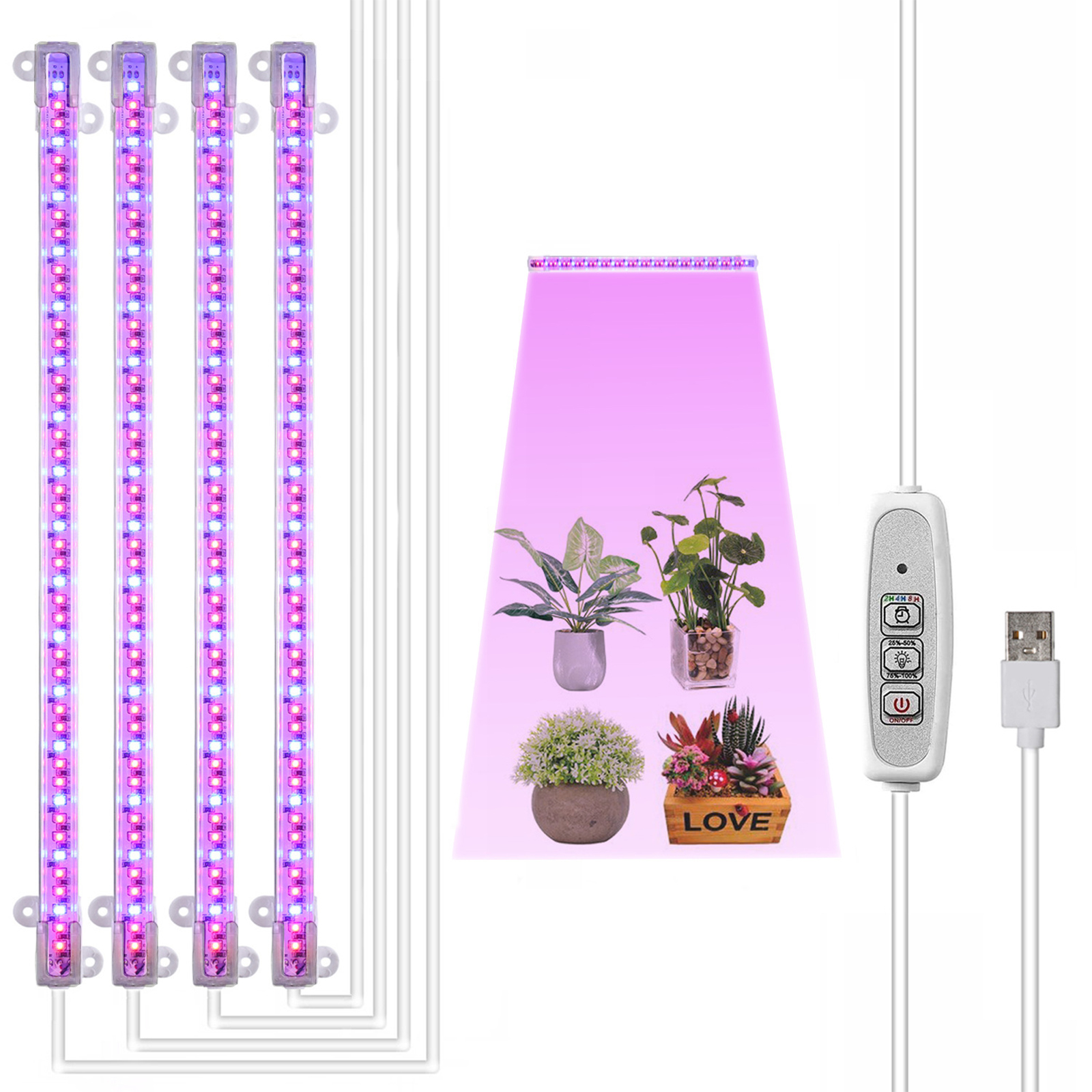 LED-Pflanzenlichter mit Pflanzen. Beinhaltet Lichter, Pflanzen in Töpfen, Bedienfeld und ein USB-Kabel.