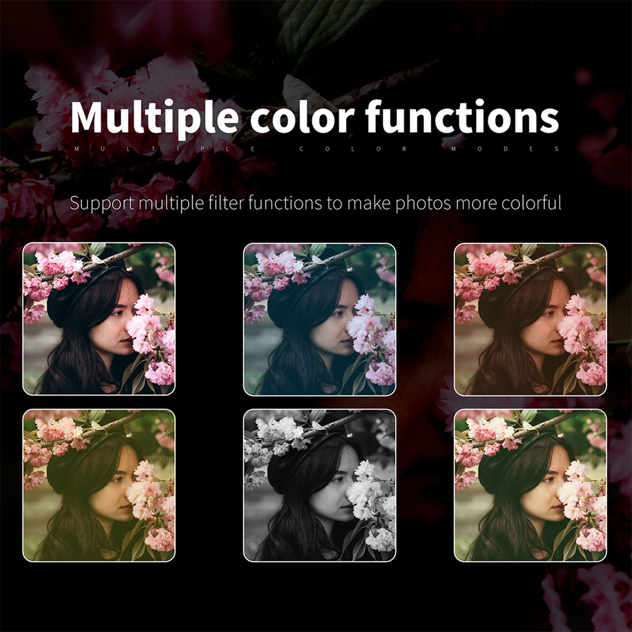 Das Gesicht einer Frau mit Blumen. Sechs Bilder der Frau in verschiedenen Filtern. Weißer Hintergrund.