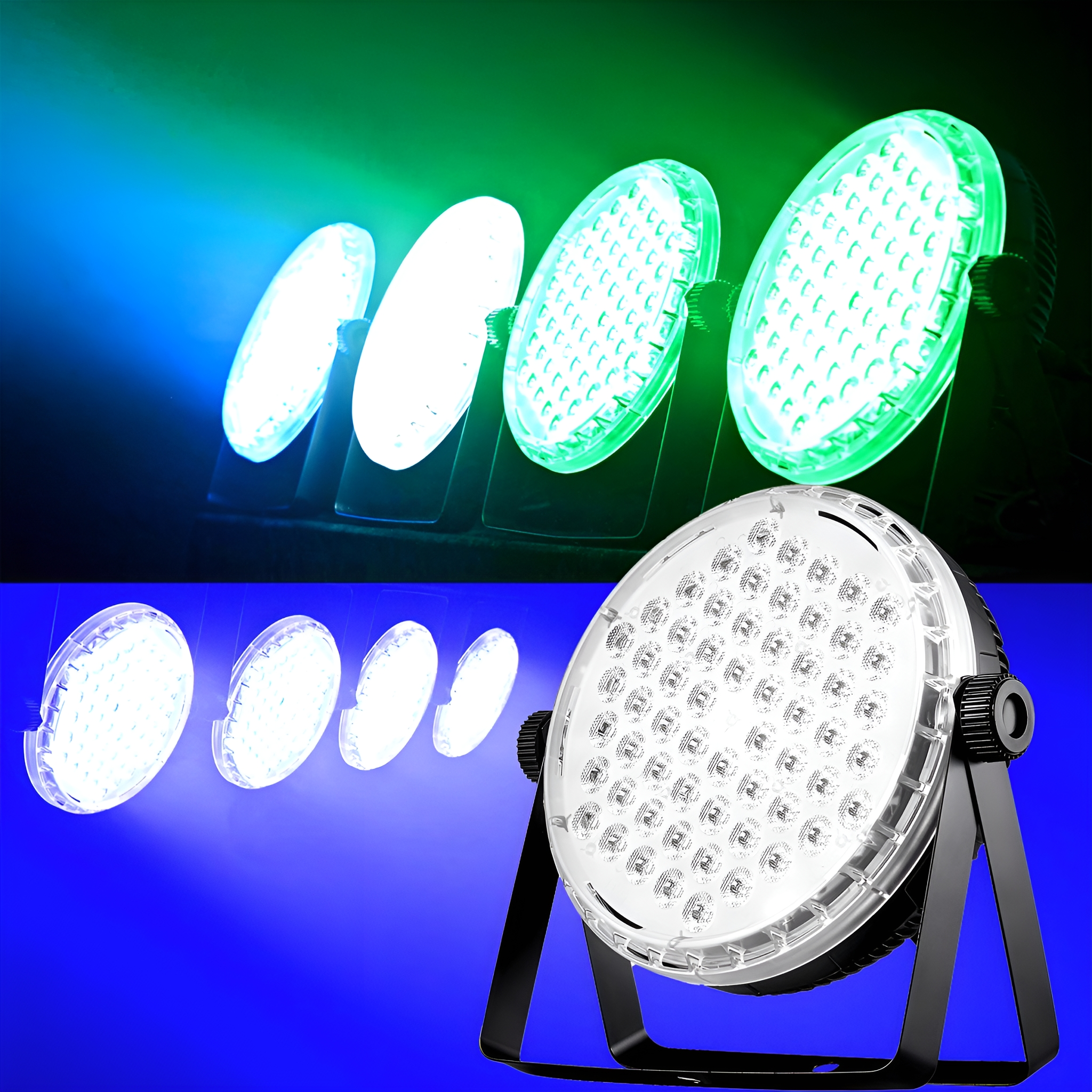 Bühnenbeleuchtung mit drei weißen Lichtern und zwei Reihen grüner und blauer Lichter.