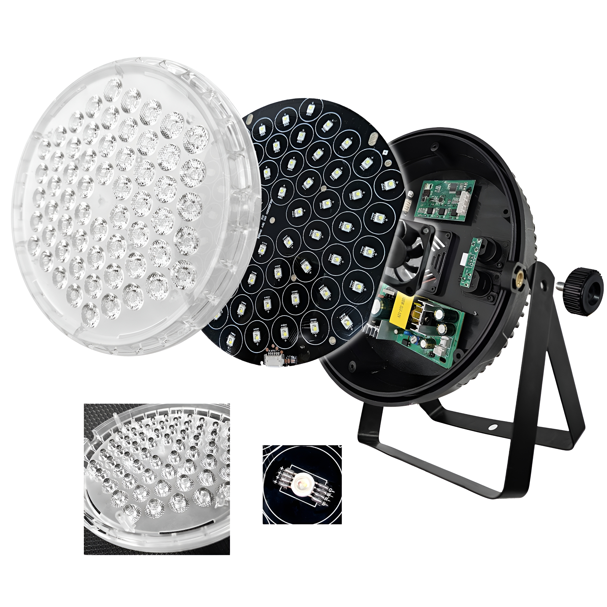 Explosionsansicht einer runden LED-Leuchte. Zeigt Schichten und Details der LEDs.