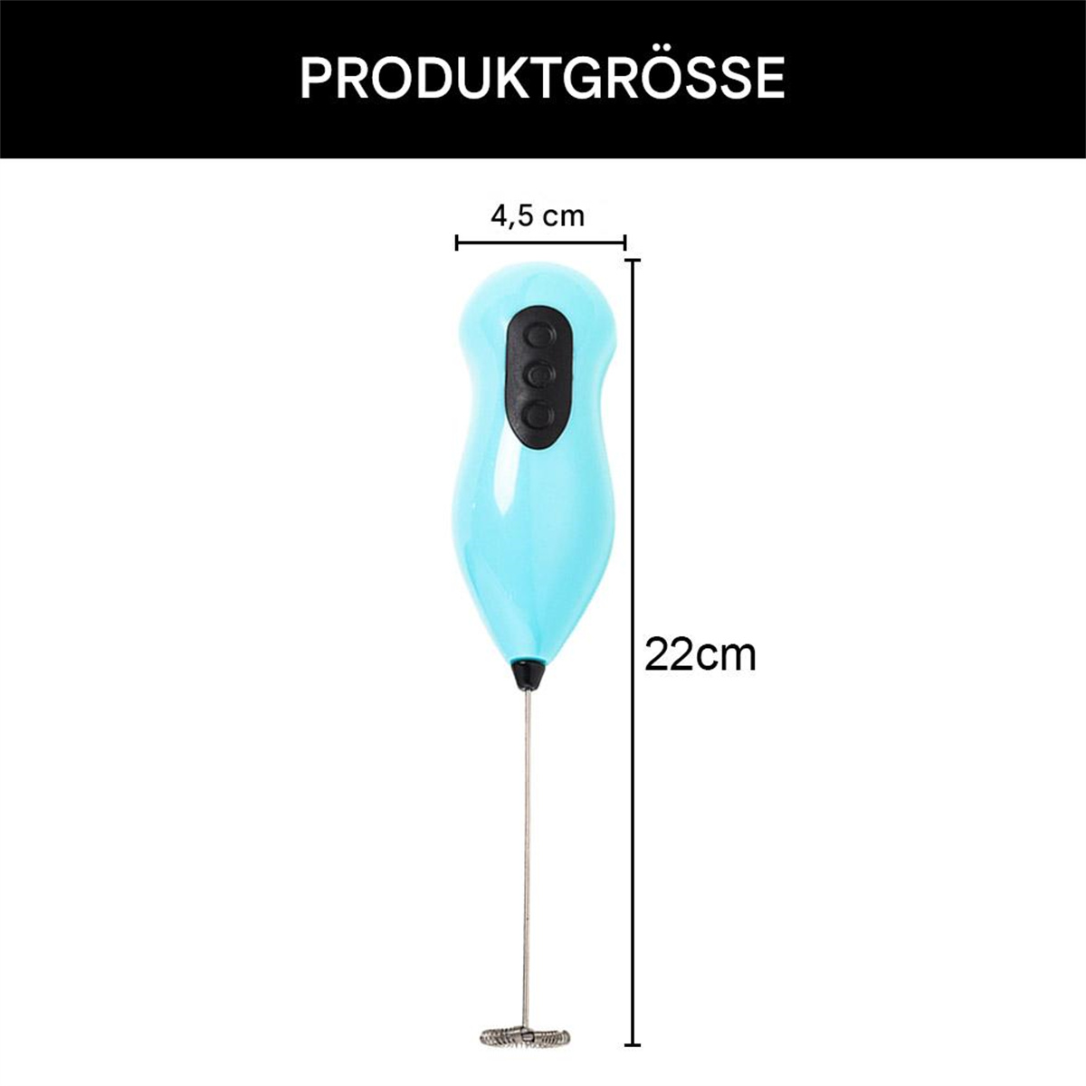 Blauer elektrischer Milchaufschäumer mit Abmessungen: 4,5 cm Breite, 22 cm Länge.