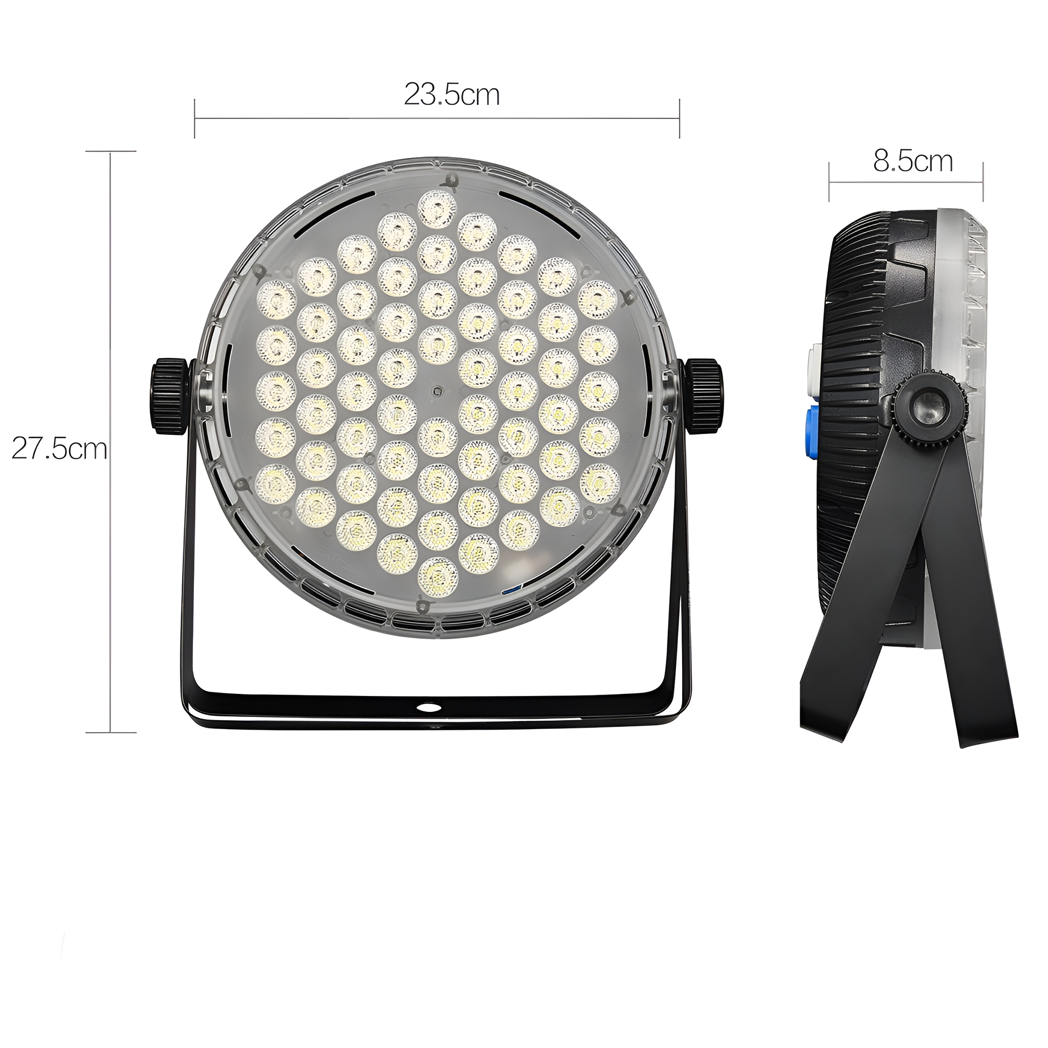 Ein rundes LED-Licht mit den angegebenen Abmessungen 27,5 cm x 23,5 cm x 8,5 cm.