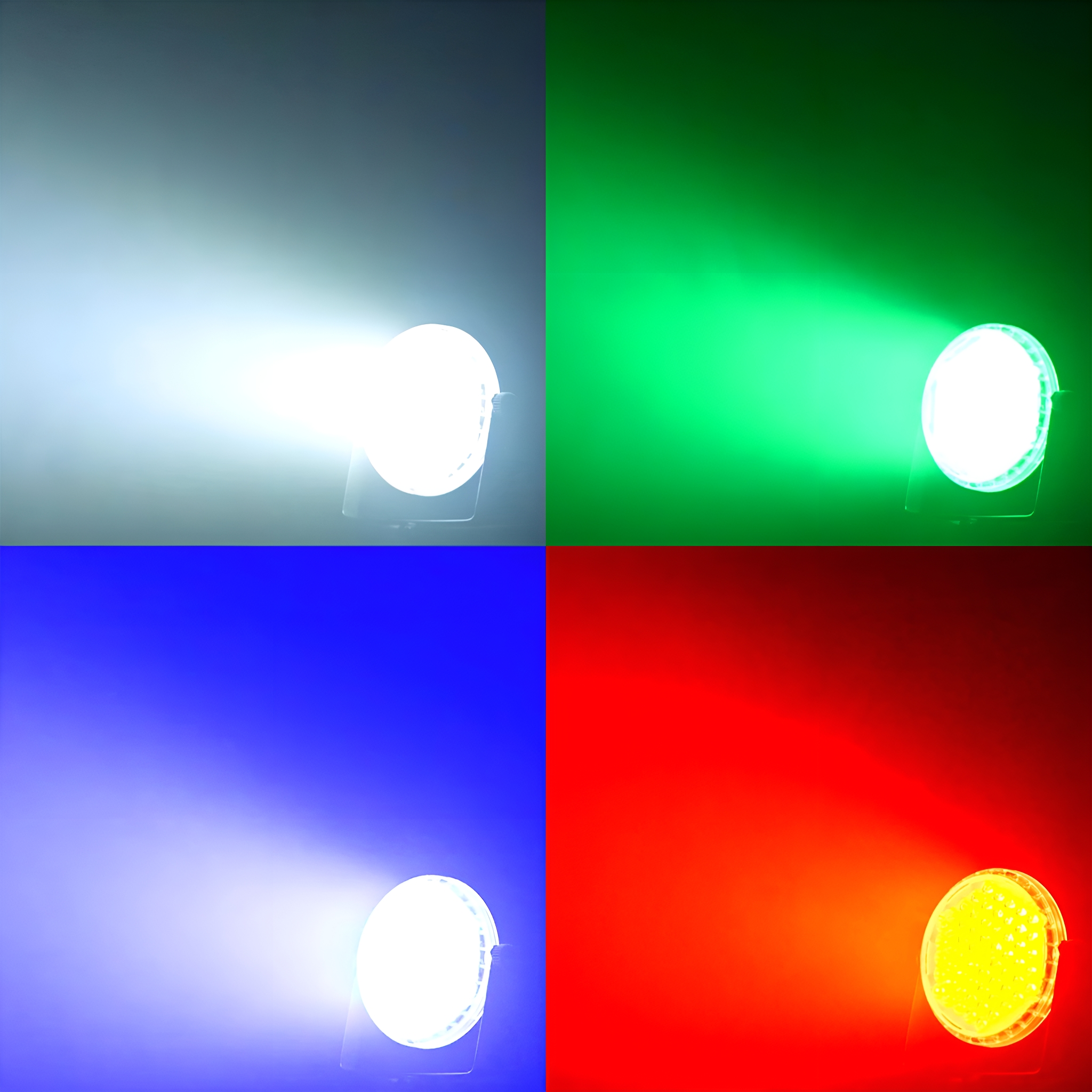 Vier farbige Scheinwerfer in Weiß, Grün, Blau und Rot.