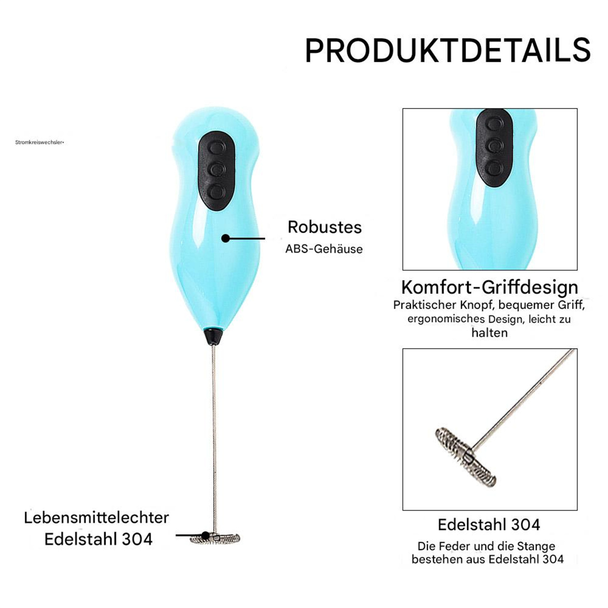 Blauer Handmixer mit Details. Er hat einen Griff mit Bedienelementen und einen Schneebesen.