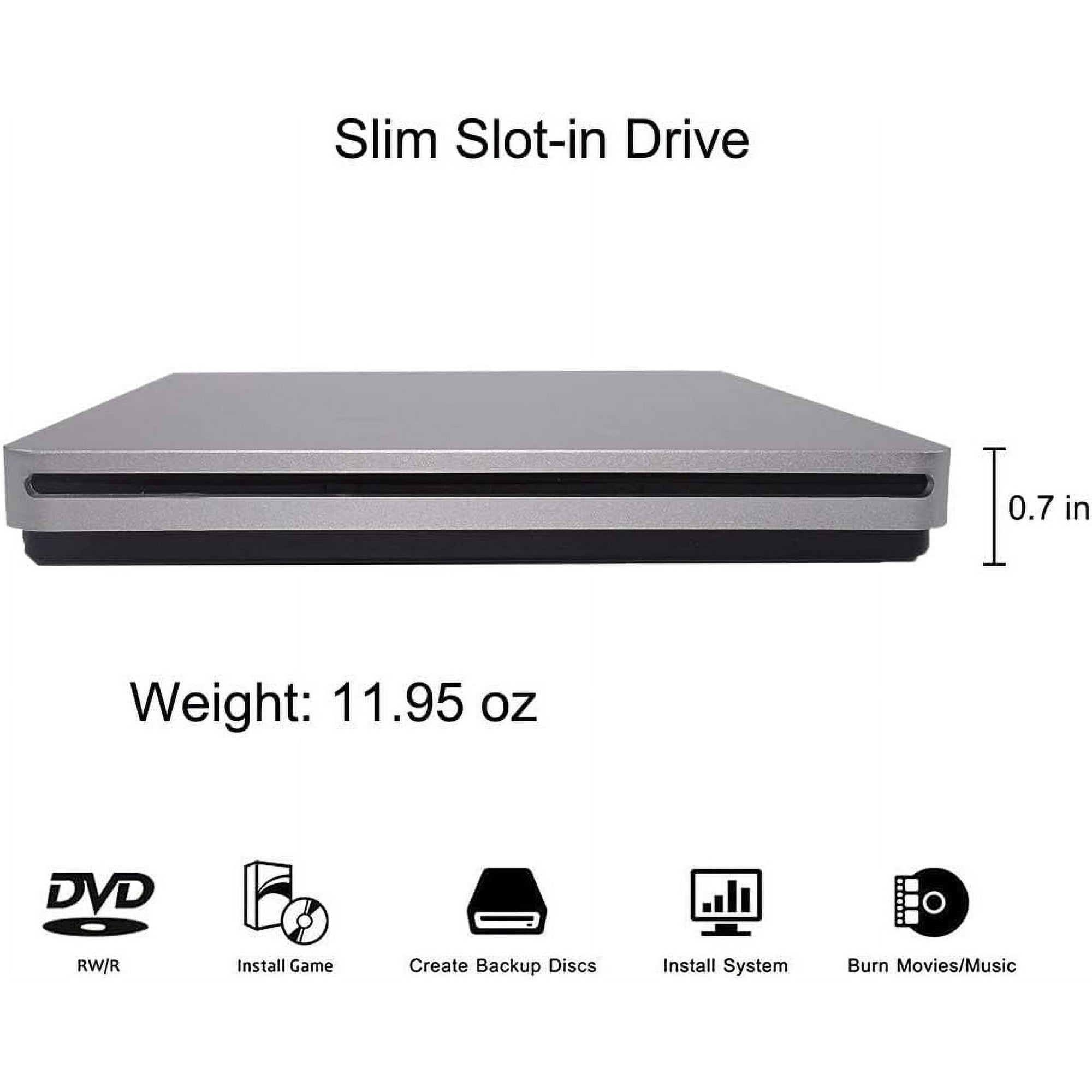 Silbernes, schlankes Slot-in-Laufwerk. Text zeigt 0,7 Zoll Dicke und 11,95 oz Gewicht. Symbole für DVD, Spielinstallation usw.
