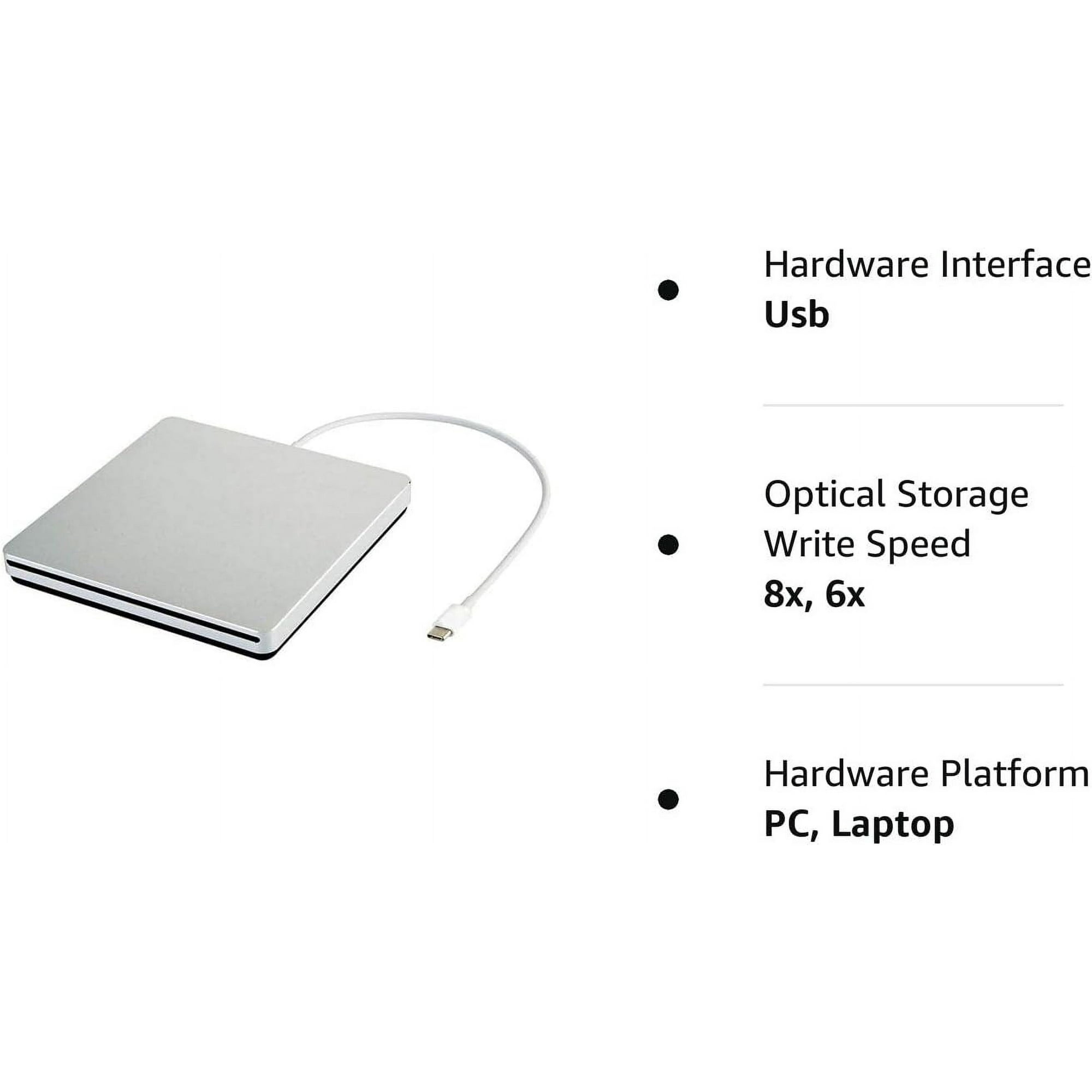 Ein silberner Laptop und Text, der USB-Schnittstelle, optische Speicherung und Hardwareplattform beschreibt.
