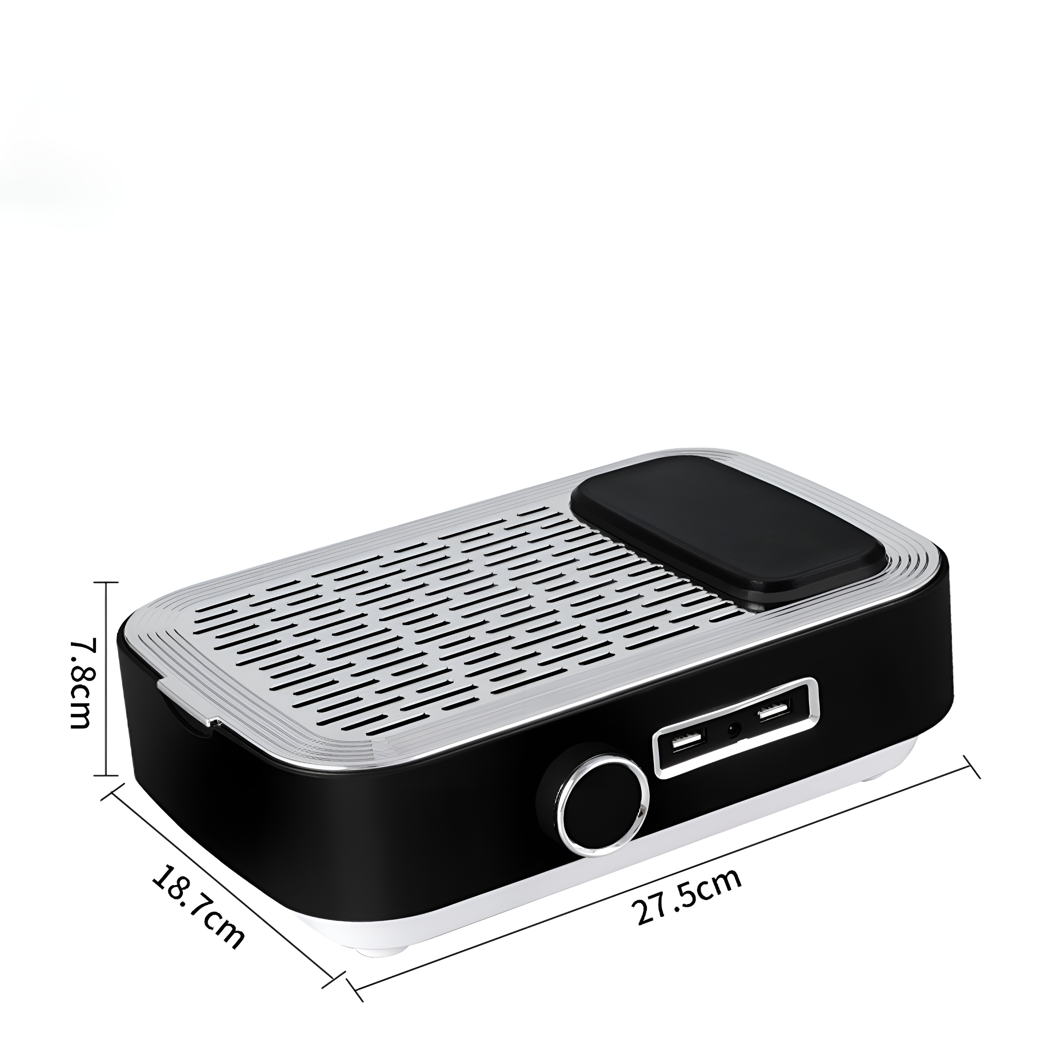 Schwarzes und silbernes elektronisches Gerät mit beschrifteten Abmessungen, Drehknopf und USB-Anschlüssen.