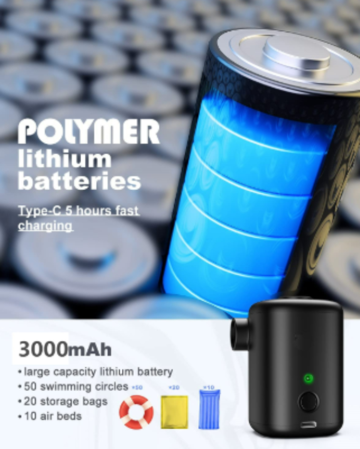 Schwarze und blaue Batterie mit Text: 'POLYMER Lithium-Batterien'. Auch eine schwarze Luftpumpe und Zubehör werden gezeigt.