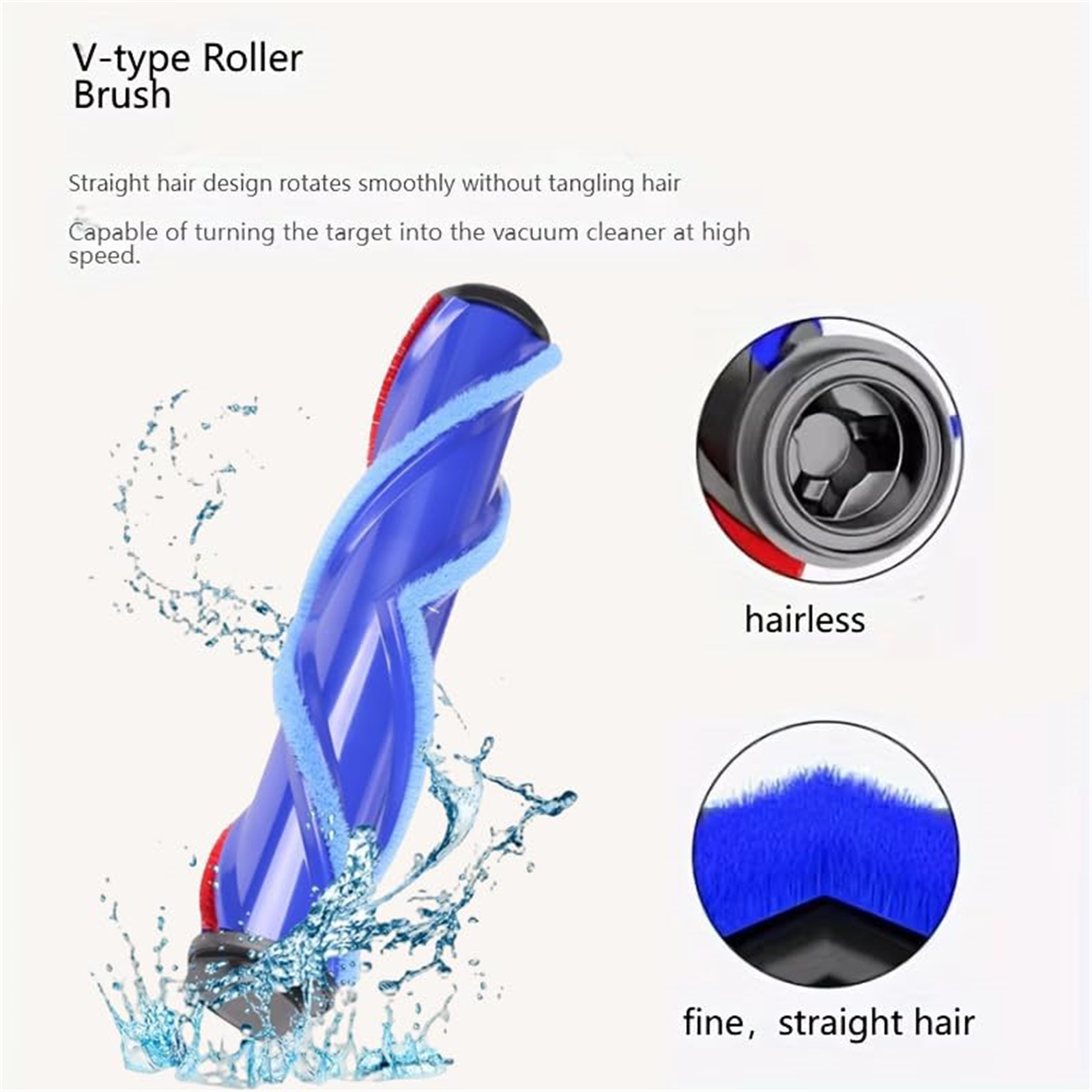 Eine blaue, V-förmige Staubsaugerbürste mit blauen Borsten. Die Bürste wird mit Wasserspritzern gezeigt.