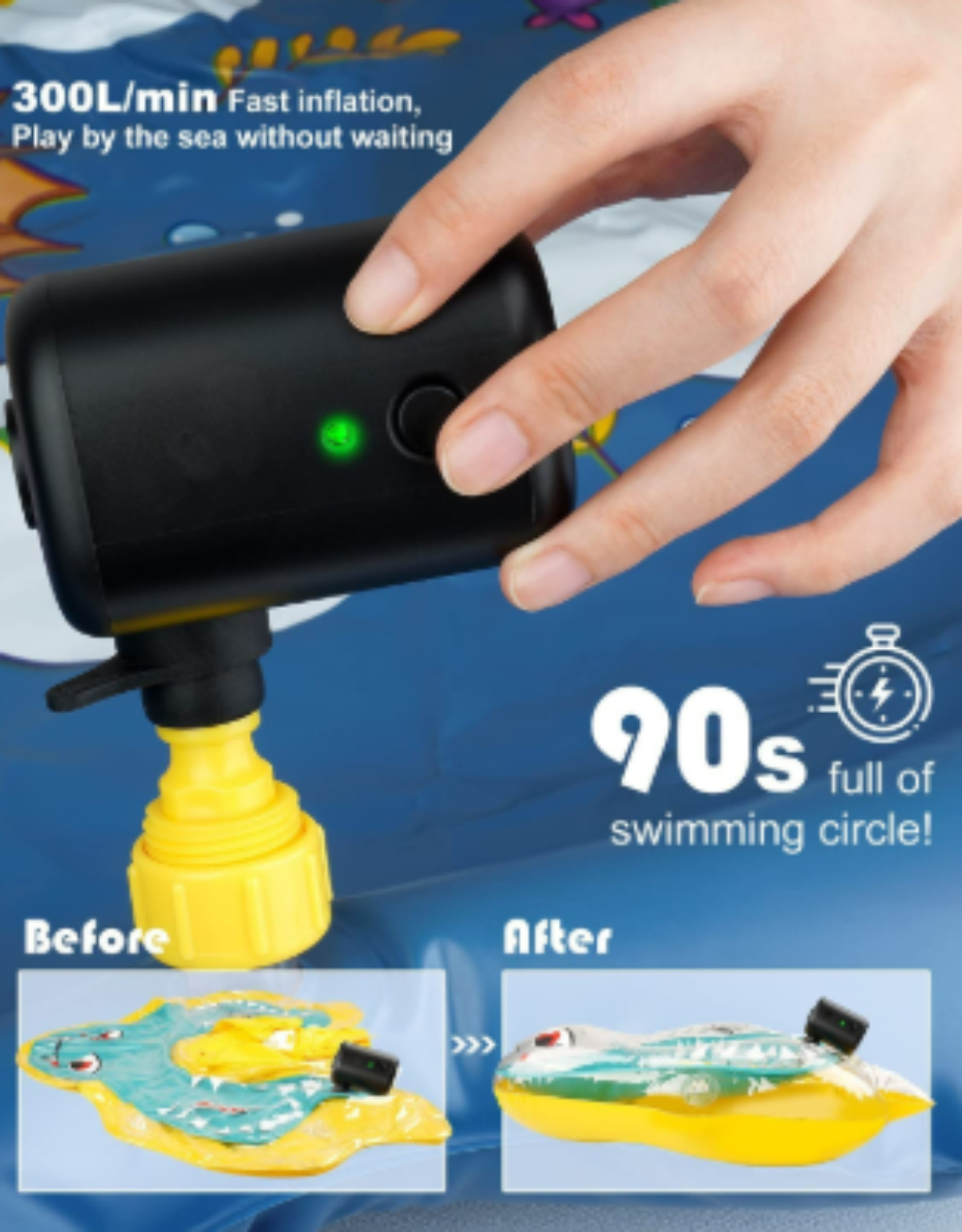 Aufblasvorrichtung, die einen Schwimmring aufpumpt, Vorher-Nachher-Vergleich.