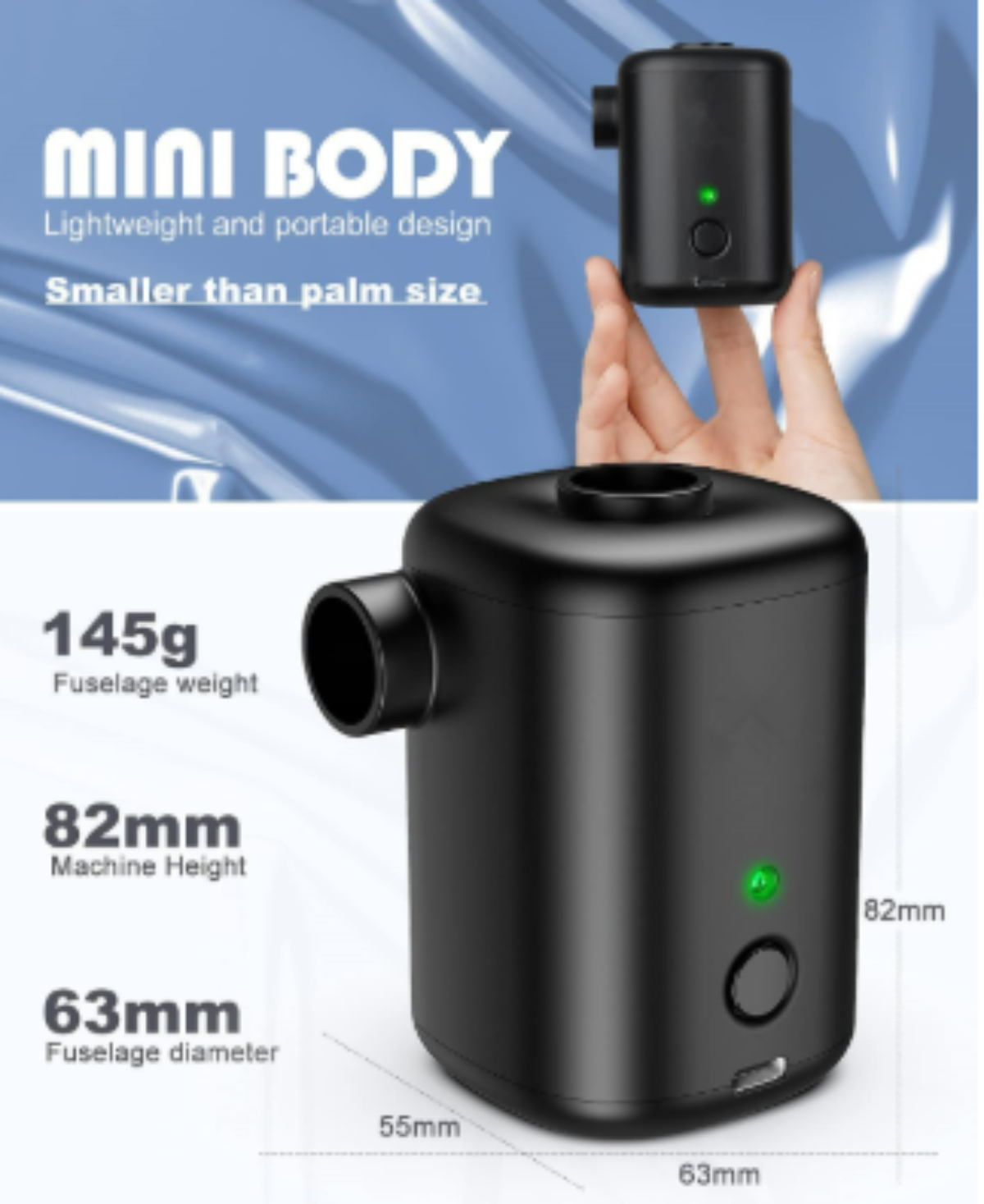 Schwarze tragbare Luftpumpe mit Größenangaben: 82 mm, 63 mm, 145 g.