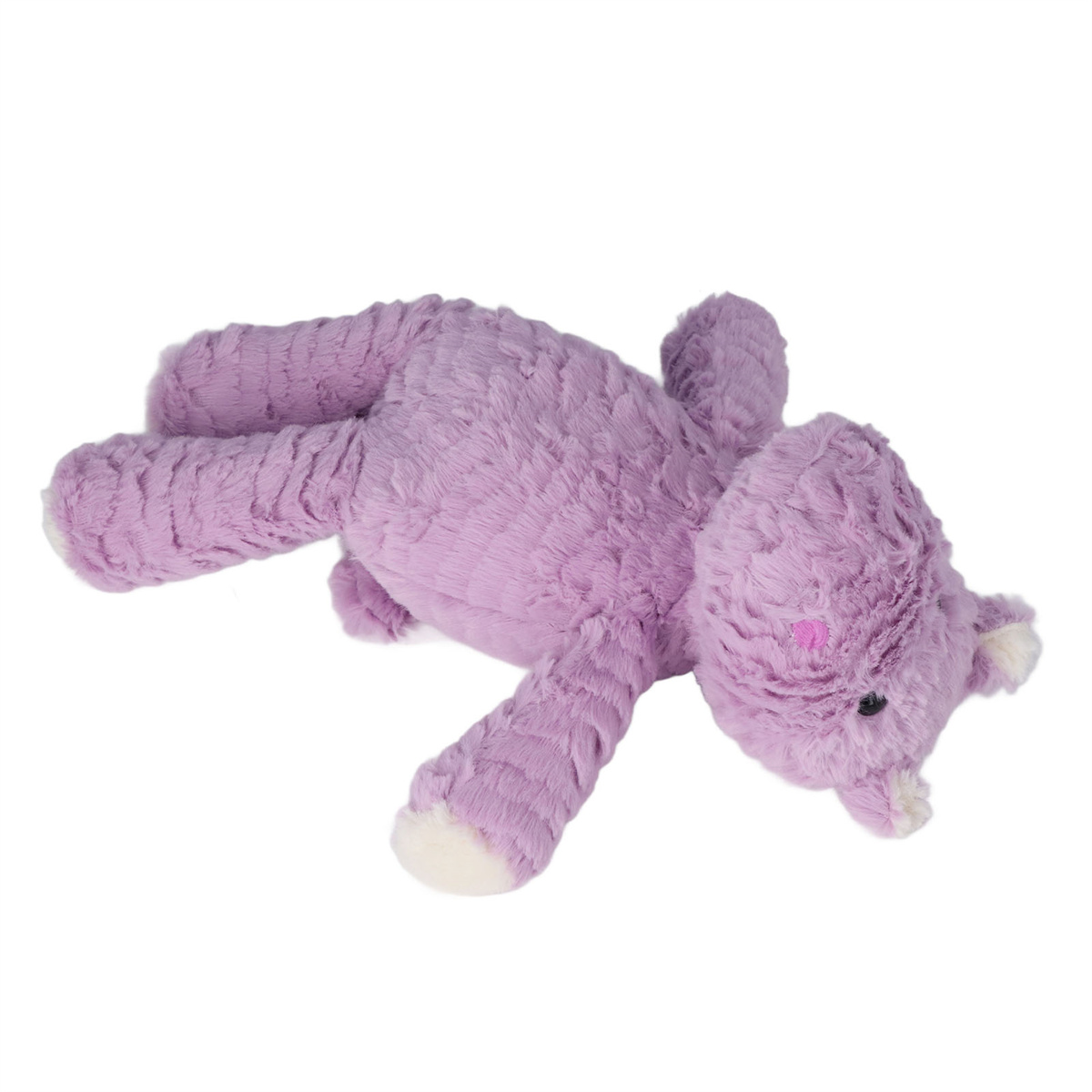 Ein lila Stofftier-Elefant liegt auf der Seite. Es hat einen Rüssel, Ohren und ein kleines rosa Herz.