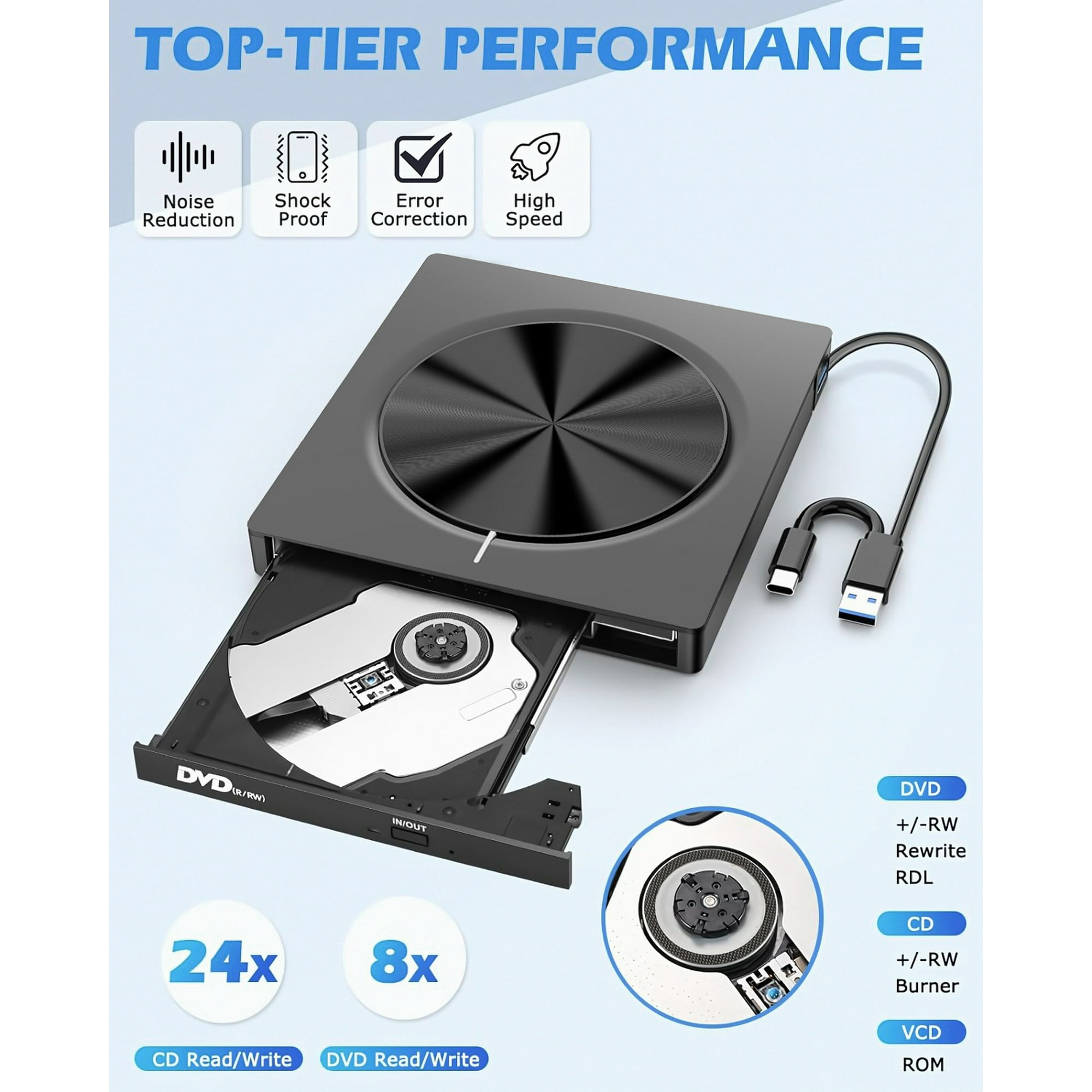 Schwarzes DVD-Laufwerk mit offenem Fach, USB-Kabel und Symbolen für Geräuschreduzierung, stoßfest, Fehlerkorrektur und hohe Geschwindigkeit.