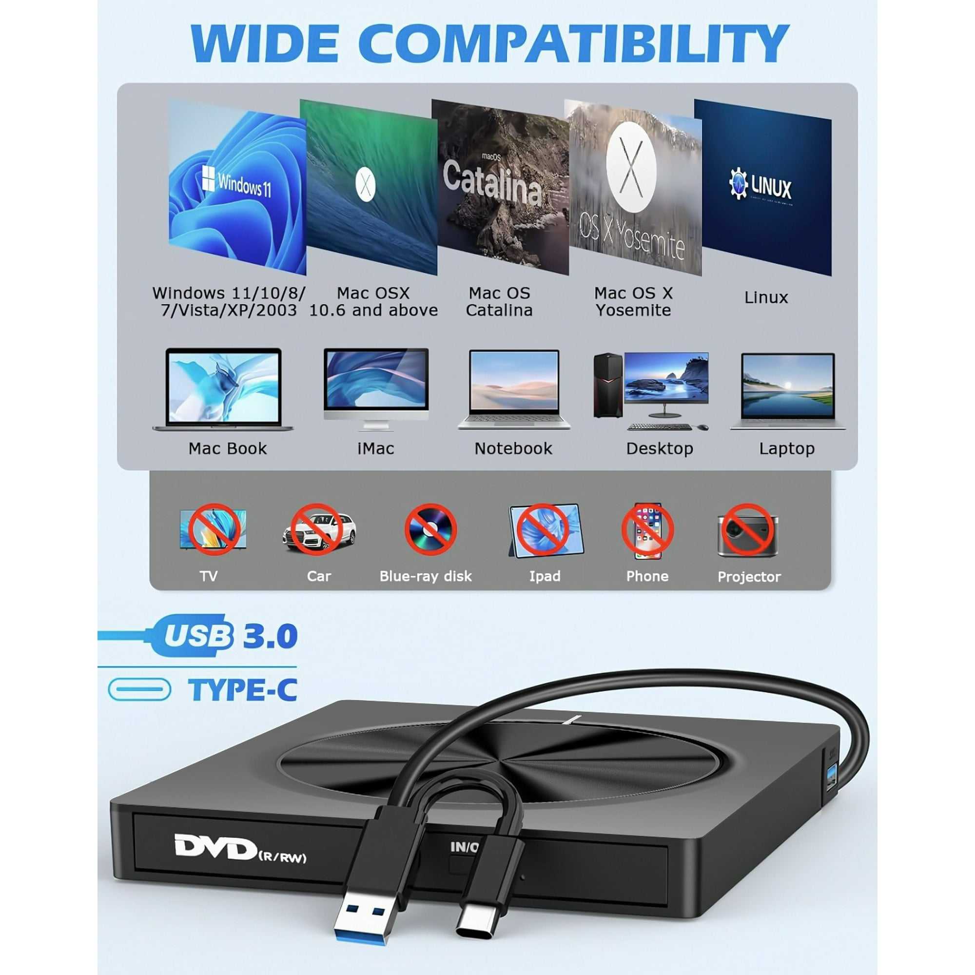 Schwarzes DVD-Laufwerk mit USB 3.0-Anschluss. Kompatibilität mit verschiedenen Betriebssystemen und Geräten.