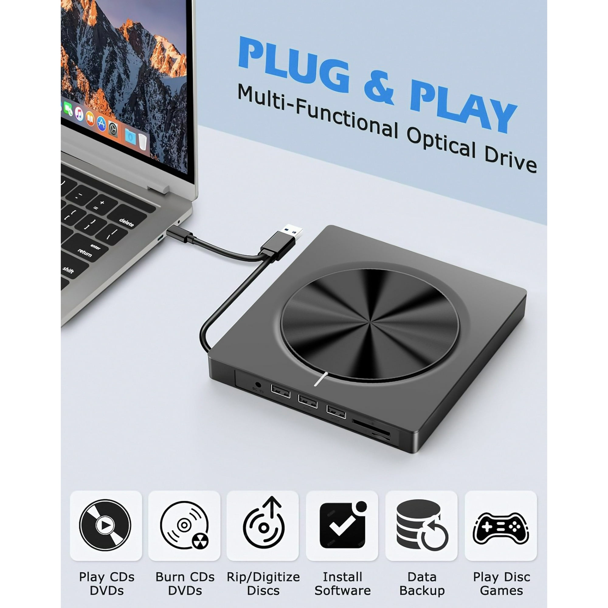 Tragbares multifunktionales optisches Laufwerk, an einen Laptop angeschlossen. Funktionssymbole werden angezeigt.