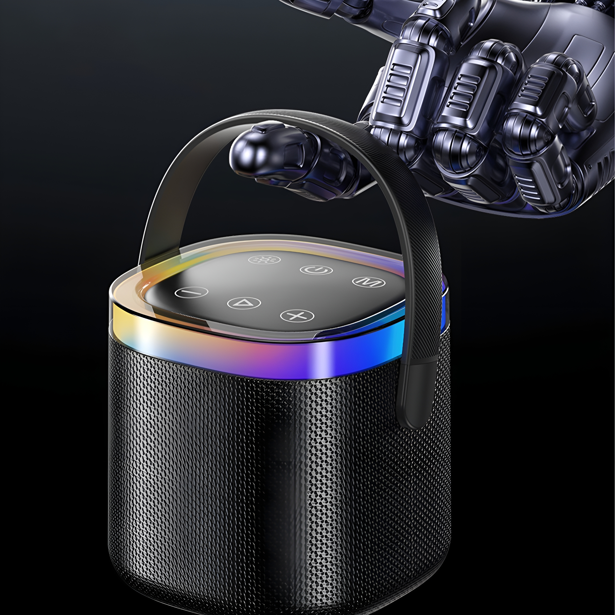 Ein schwarzer Lautsprecher mit Griff, gekrönt von einem mehrfarbigen Lichtring. Eine Roboterhand in der Nähe.
