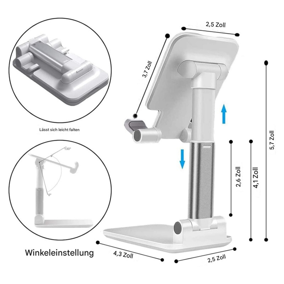Ein Tablet-Ständer mit einstellbarer Höhe und Winkel. Der Ständer ist weiß und silber, mit Abmessungen angezeigt.